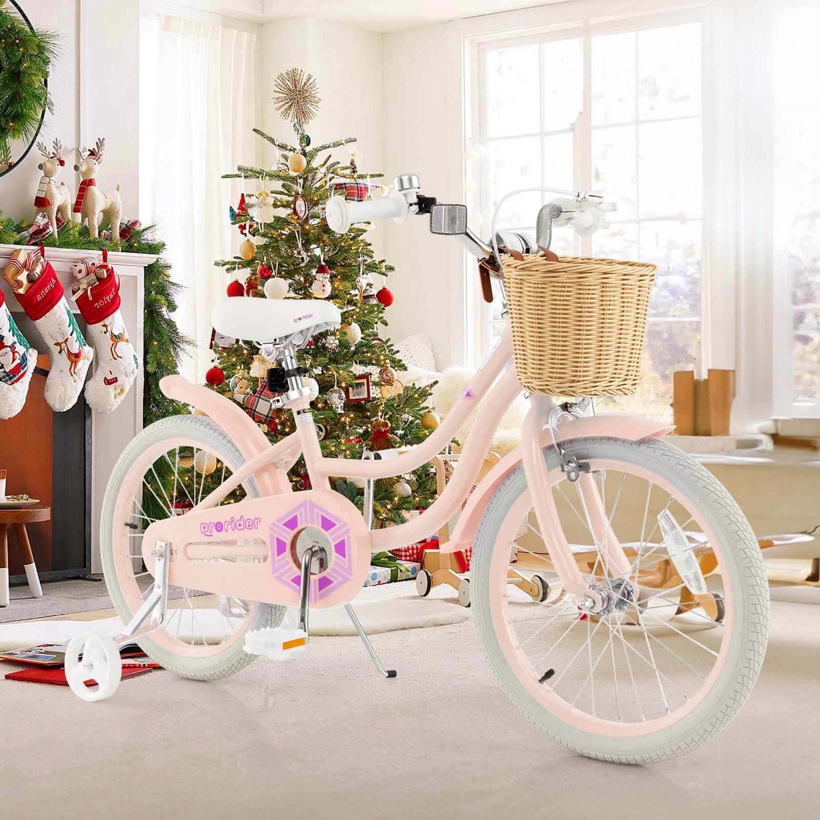 18-in Kids Bike for Girls Training Wheels Front Basket Saddle Adjustable to 29-in Carbon Steel Bicycle Ages 4-8 Pink