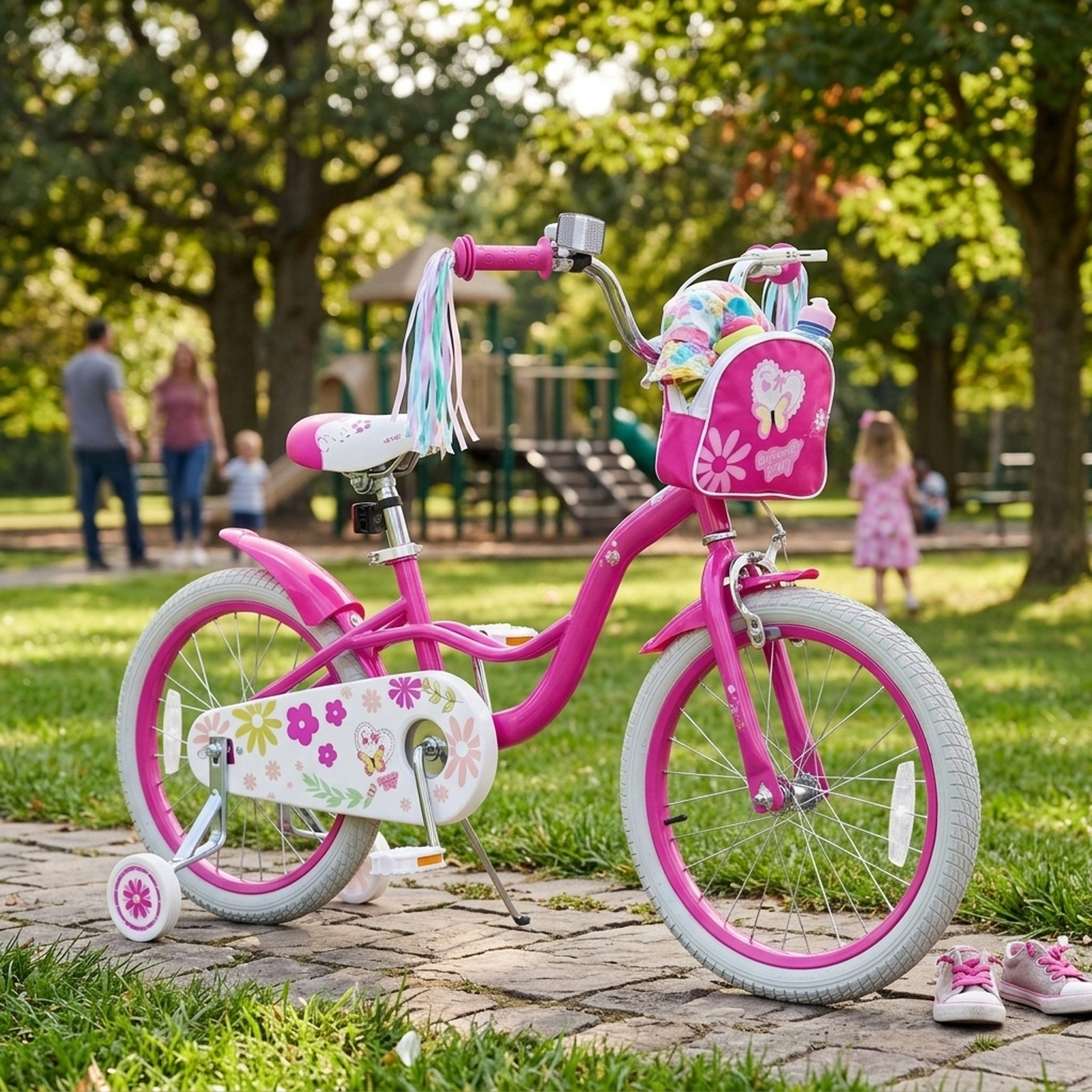 18-in Girls Bike with Front Bag Kickstand Streamers and Removable Training Wheels for Ages 4-8 Anti-Slip Grip Bicycle