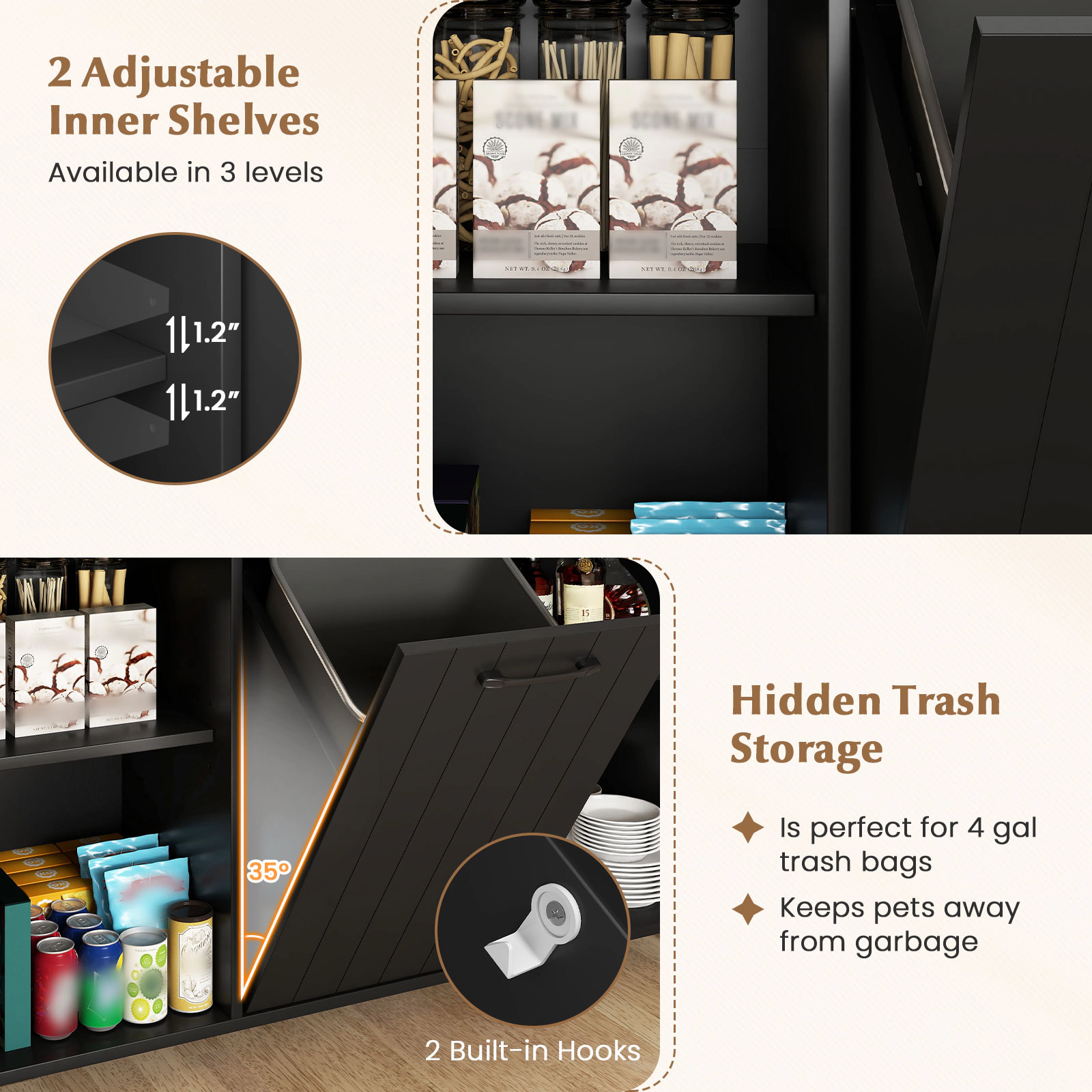 SUGIFT Rolling Kitchen Island Cart with Trash Can Storage Spice Rack Towel Bar and Drawers for Prep