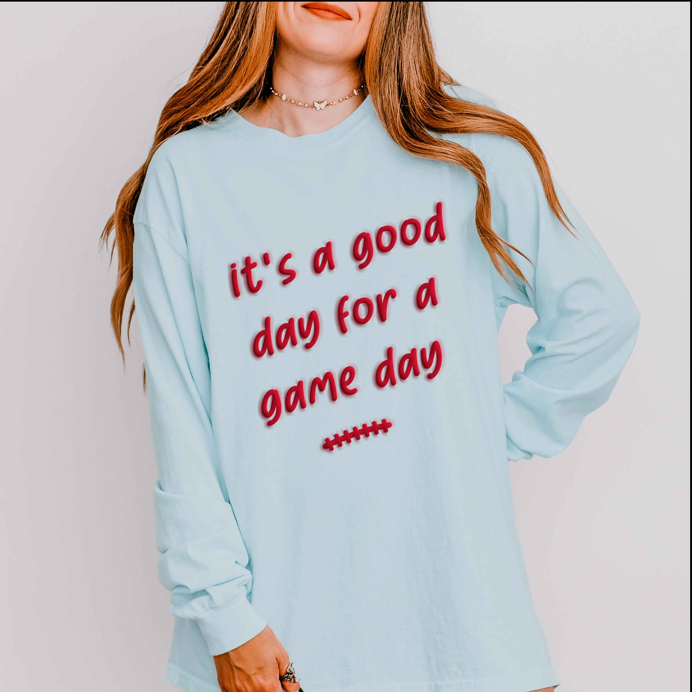 Simply Sage Market - Women's Garment Dyed Long Sleeve Graphic T-Shirt It's A Good Day For Game Puff Print