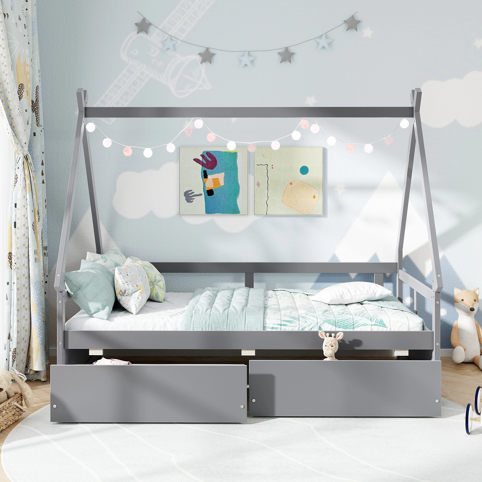 SUGIFT Roof Safety Guardrail and 2 Rolling Drawers 250-lb Twin Kids House Bed