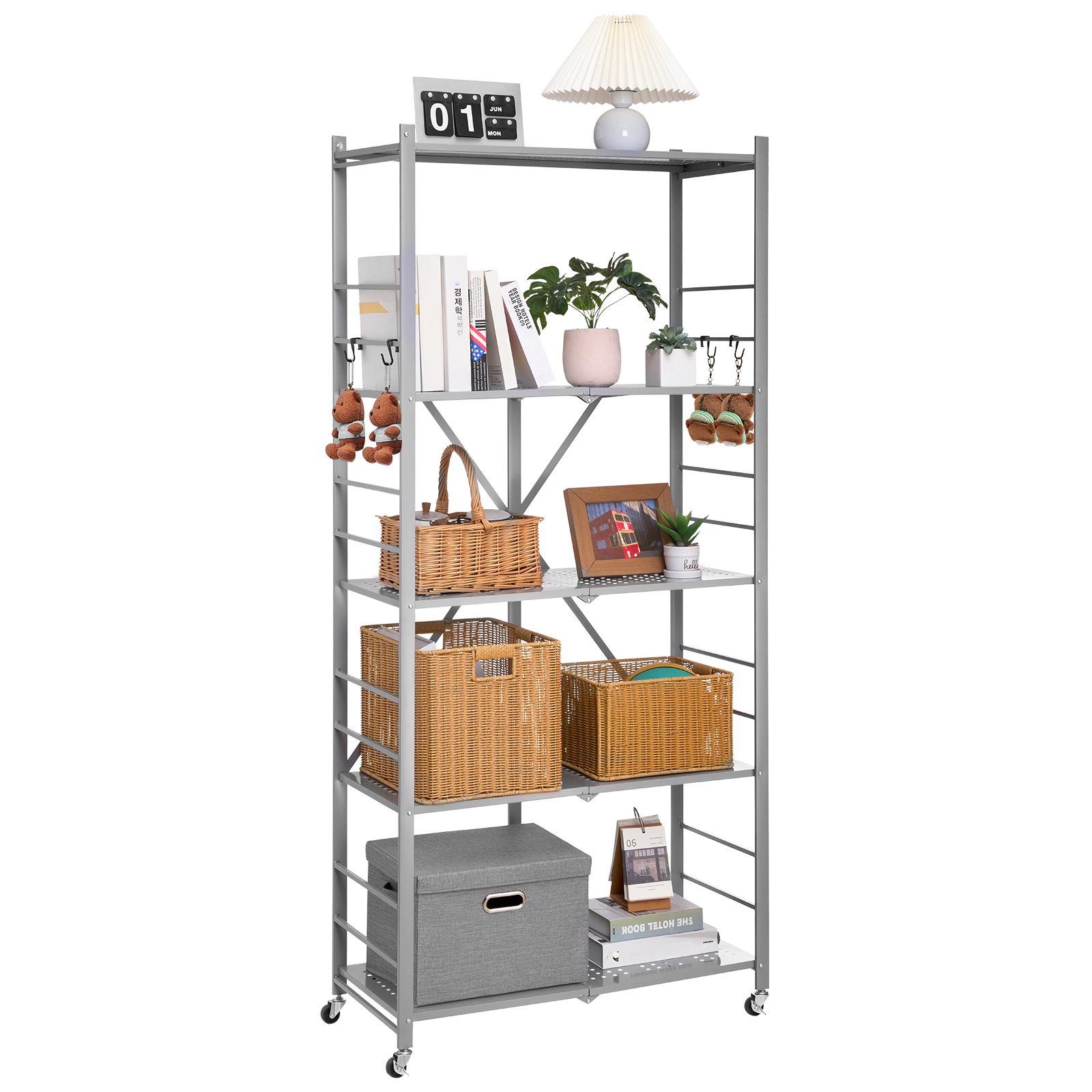 Flynama XJ Folding Storage Shelf with Wheels 5-Tier No Assembly Organizer Shelf Grey