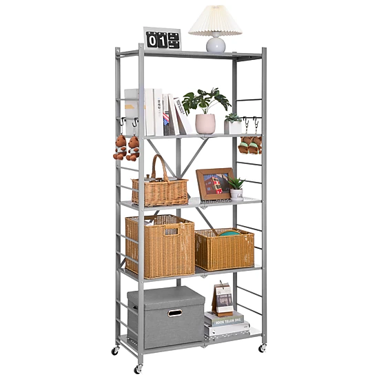 Flynama XJ Folding Storage Shelf with Wheels 5-Tier No Assembly Organizer Shelf Grey