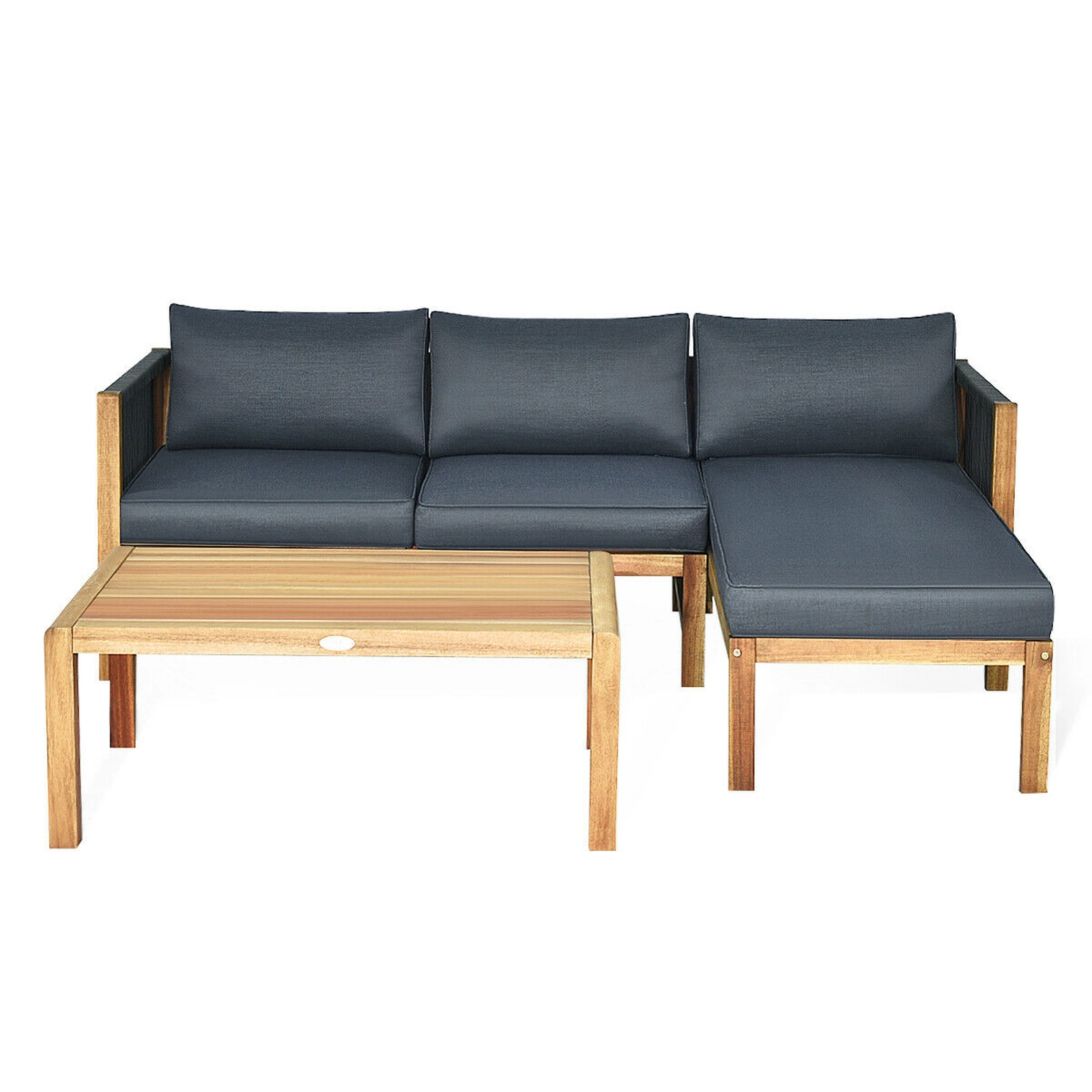 SUGIFT Chaise Lounge and Coffee Table 3-Piece Acacia Wood Patio Sofa Set