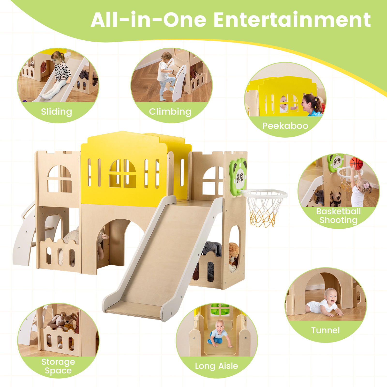 SUGIFT Multicolor Climber Tunnel and Basketball Hoop 7-in-1 Wooden Toddler Slide Set