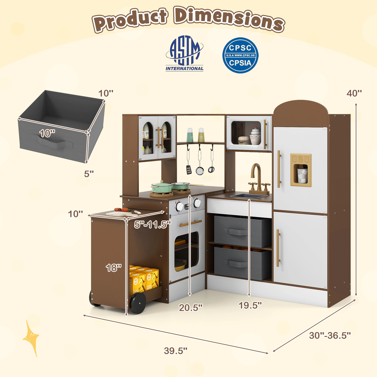 SUGIFT Corner Wooden Kitchen Playset Lights & Sounds 39.5-in Tall with Pull-Out Countertop Ages 3+ Coffee/Pink/White