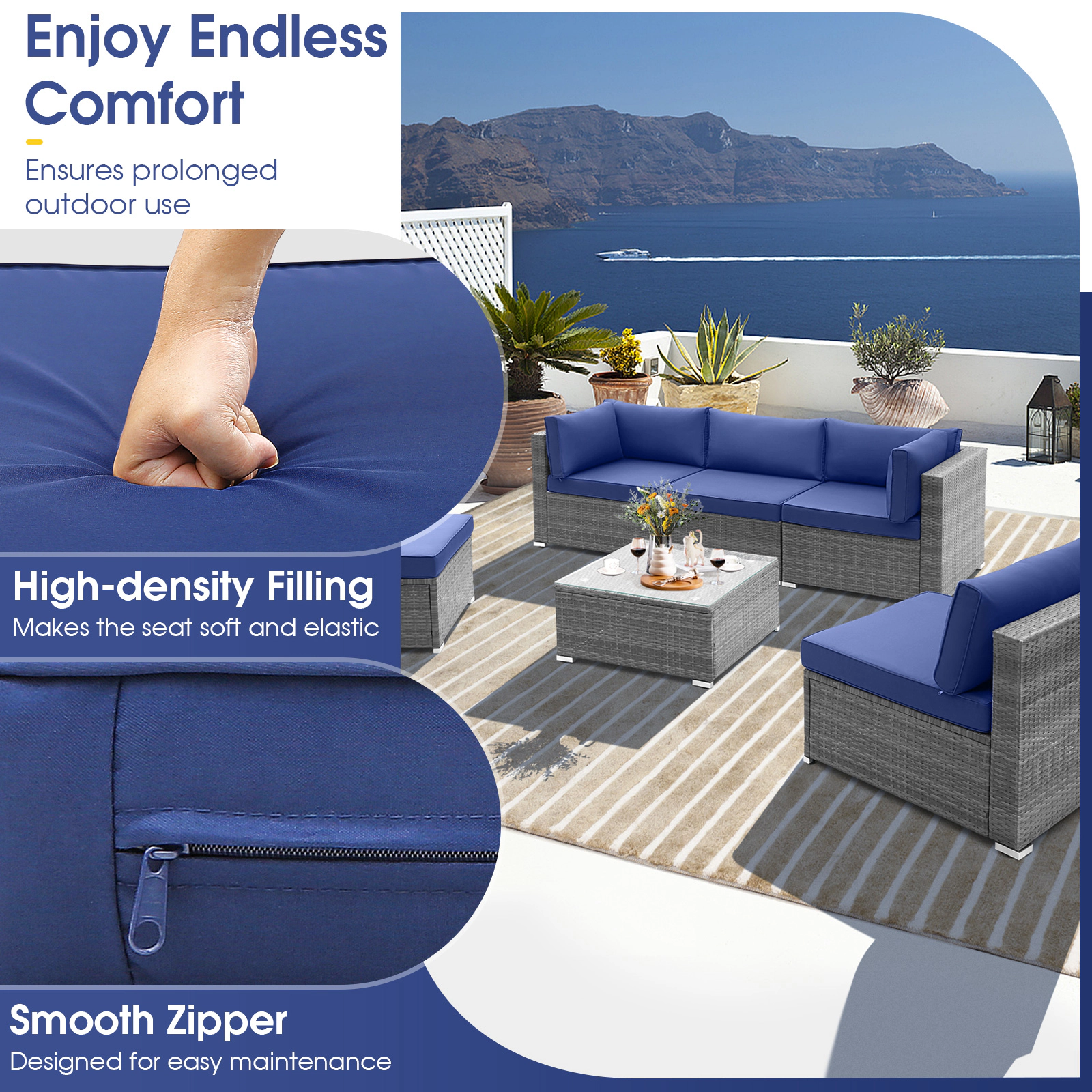 SUGIFT X-Frame Metal Base and Glass Table 6-Piece Navy Patio Conversation Sofa Set