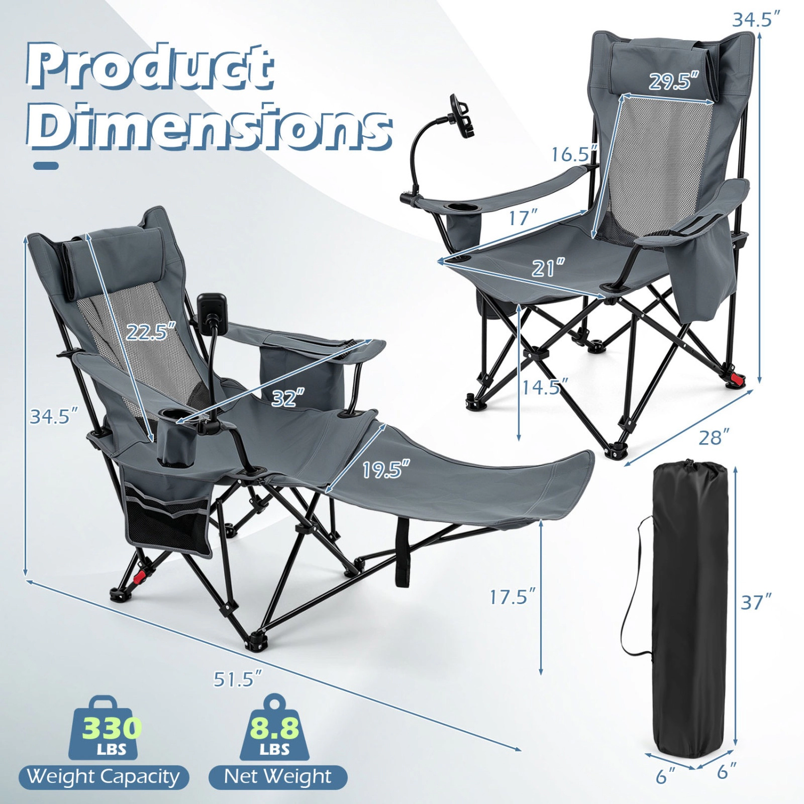 SUGIFT 2-in-1 Reclining Camping Chair with 3-Level Adjustable Backrest 330-lb Capacity Green Black Gray