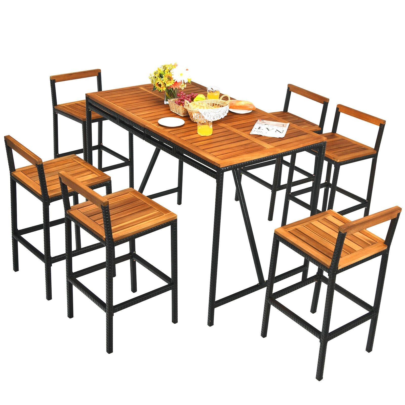 SUGIFT Natural Umbrella Hole 7-Piece Acacia Wood and Rattan Patio Bar Set