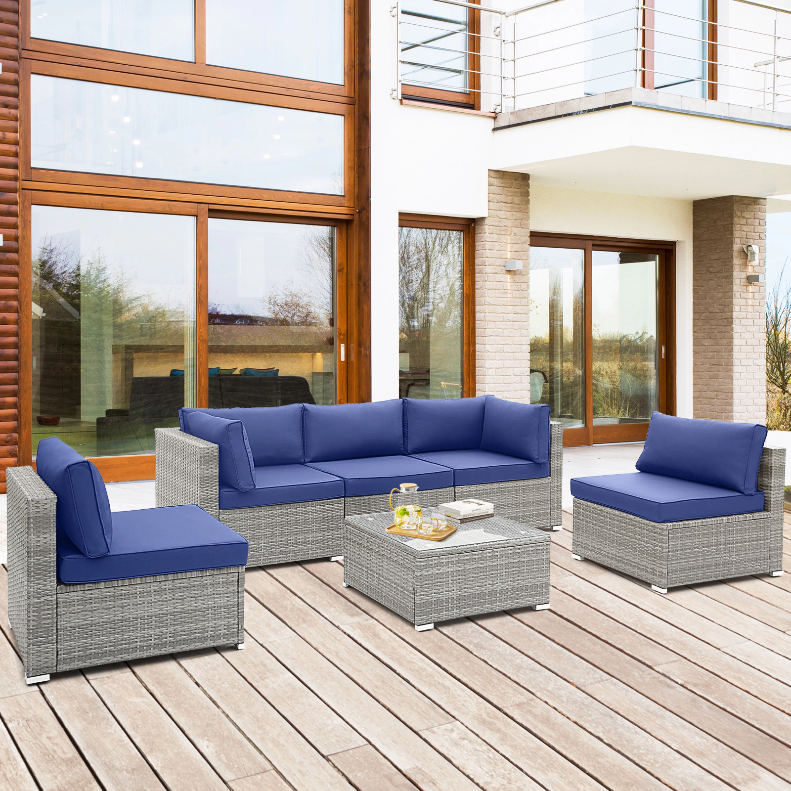 SUGIFT X-Frame Metal Base and Glass Table 6-Piece Navy Patio Conversation Sofa Set