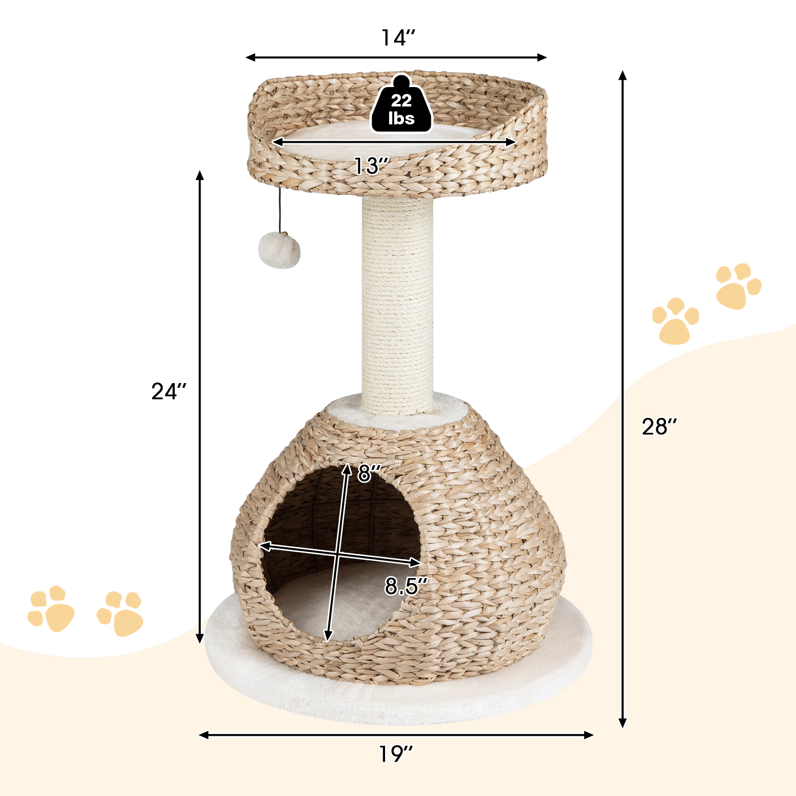 SUGIFT 28-in Dark Coffee Hand-Woven Cat Tree with Water Hyacinth House Sisal Post and 14-in Platform