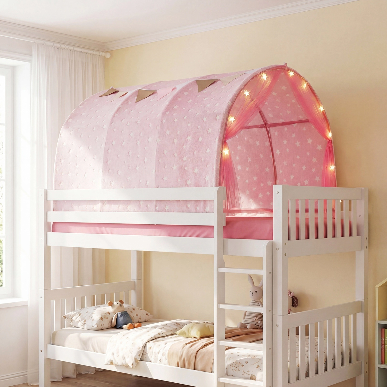 Kids Bed Canopy Tent for Twin Bunk Bed Pink with Glow in the Dark Stars Light String and Flag