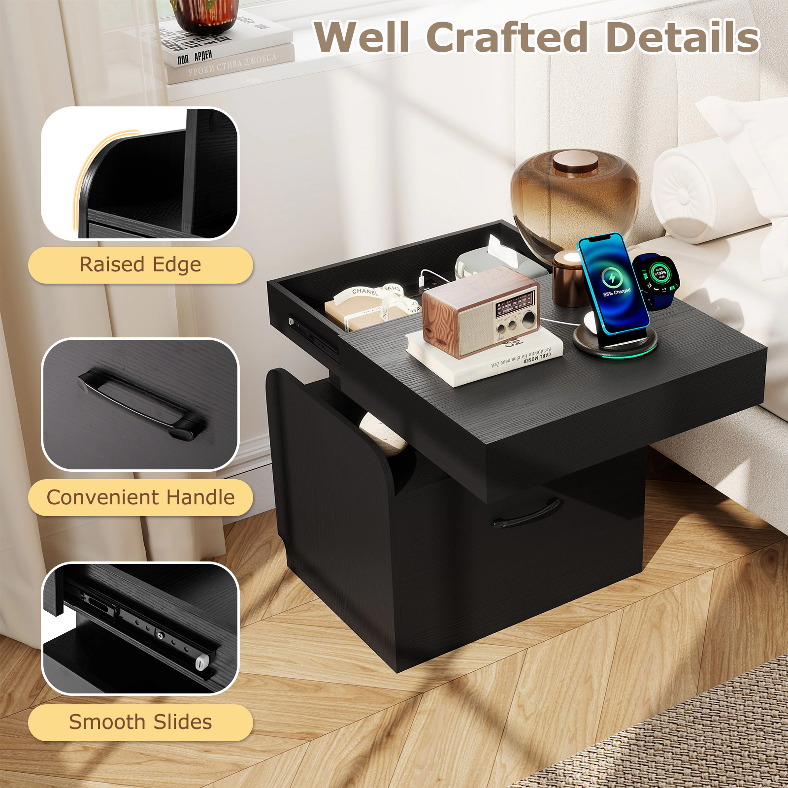 Glintex Nightstand with Push-to-Open Sliding Top Charging Station and Hidden Tray