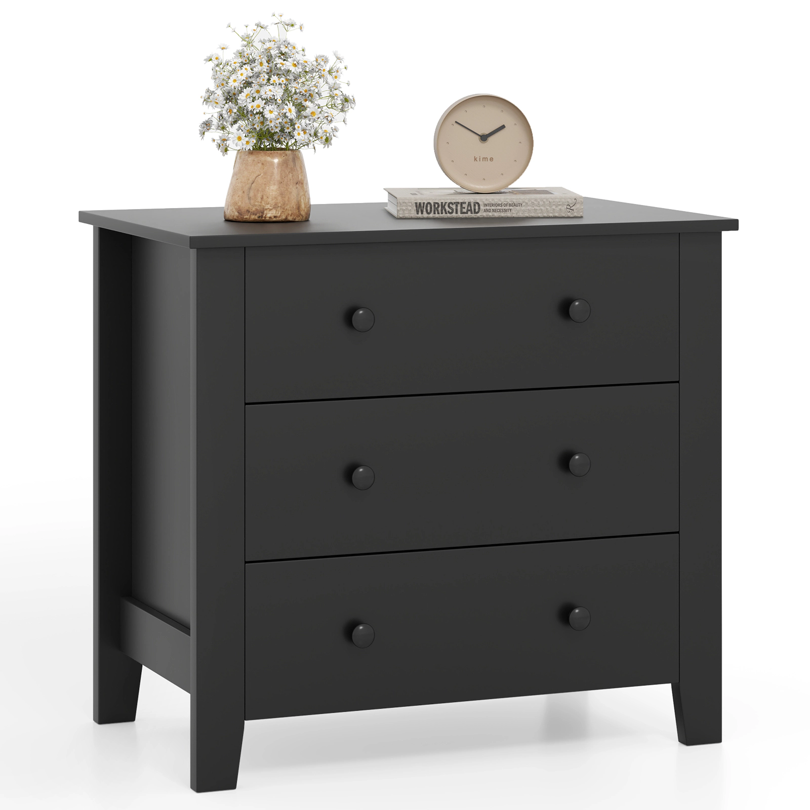 SUGIFT 3-Drawer MDF Dresser Chest of Drawers 220-Lb Capacity 28-in Tall Bedside Table 57-Lb Net Weight Black Wood Grain