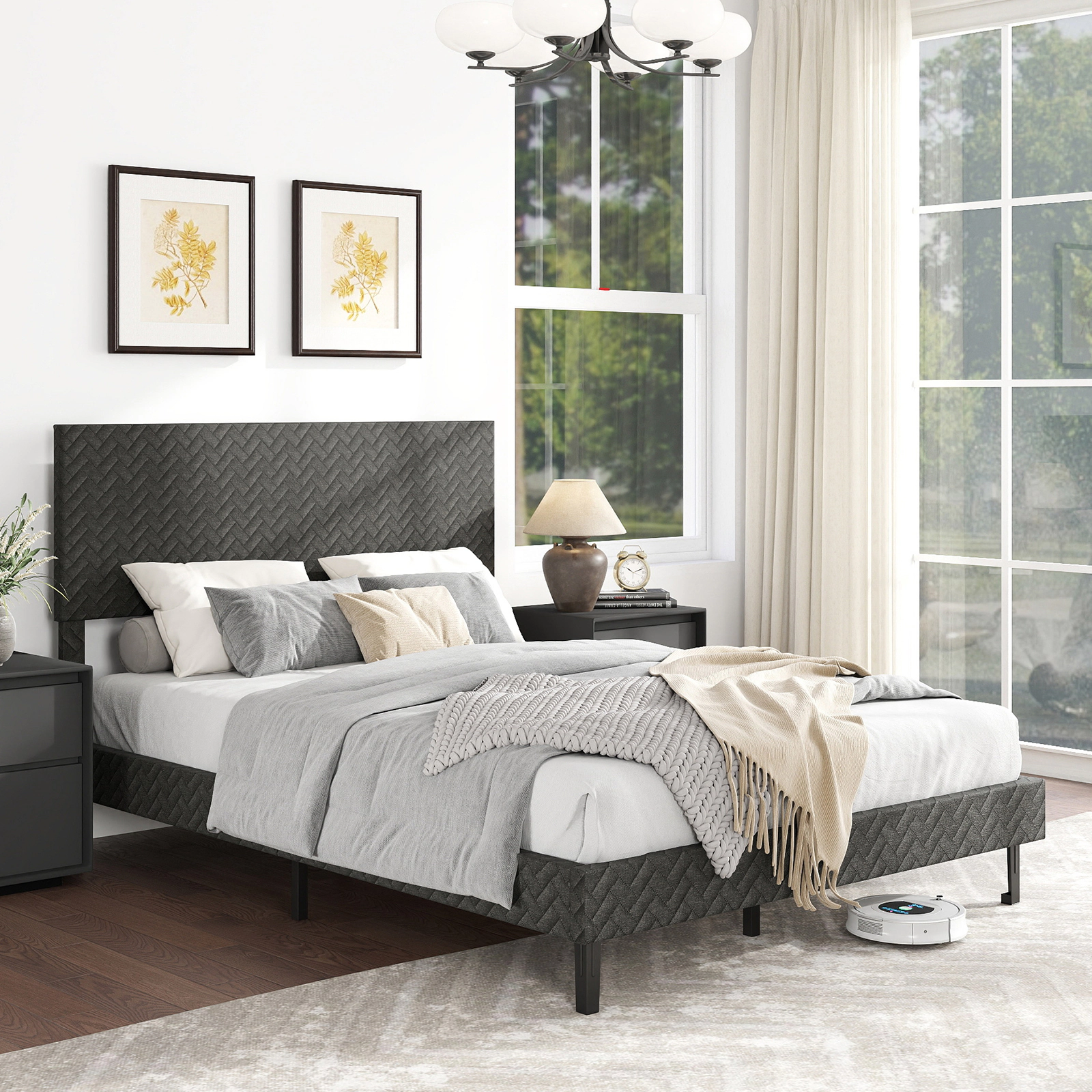 Full Size Velvet Upholstered Platform Bed Frame with Height Adjustable Chevron Headboard 10 Wood Slats Gray