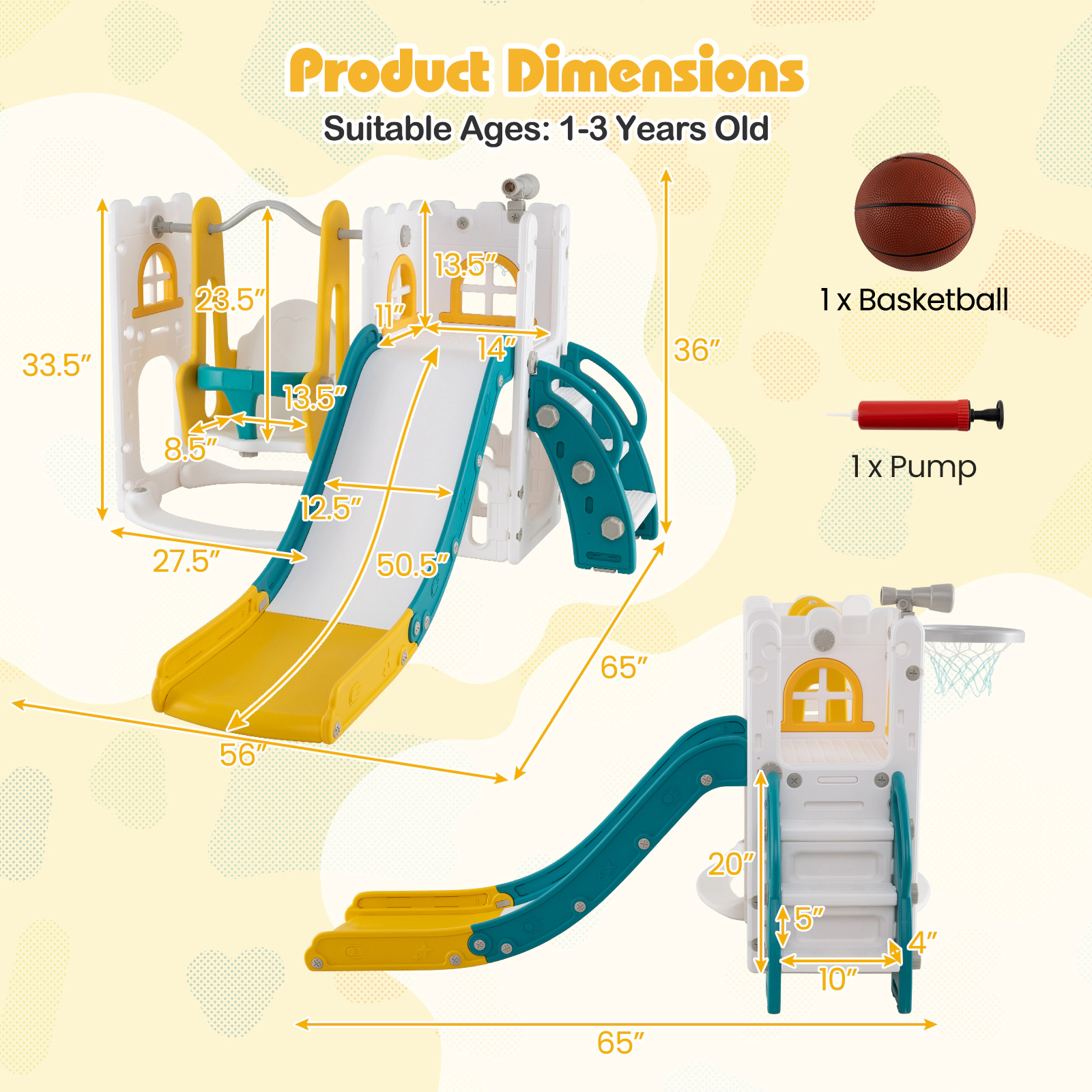 SUGIFT Yellow Ladder and Basketball Hoop 7-in-1 Toddler Swing and Slide Set L-Shaped