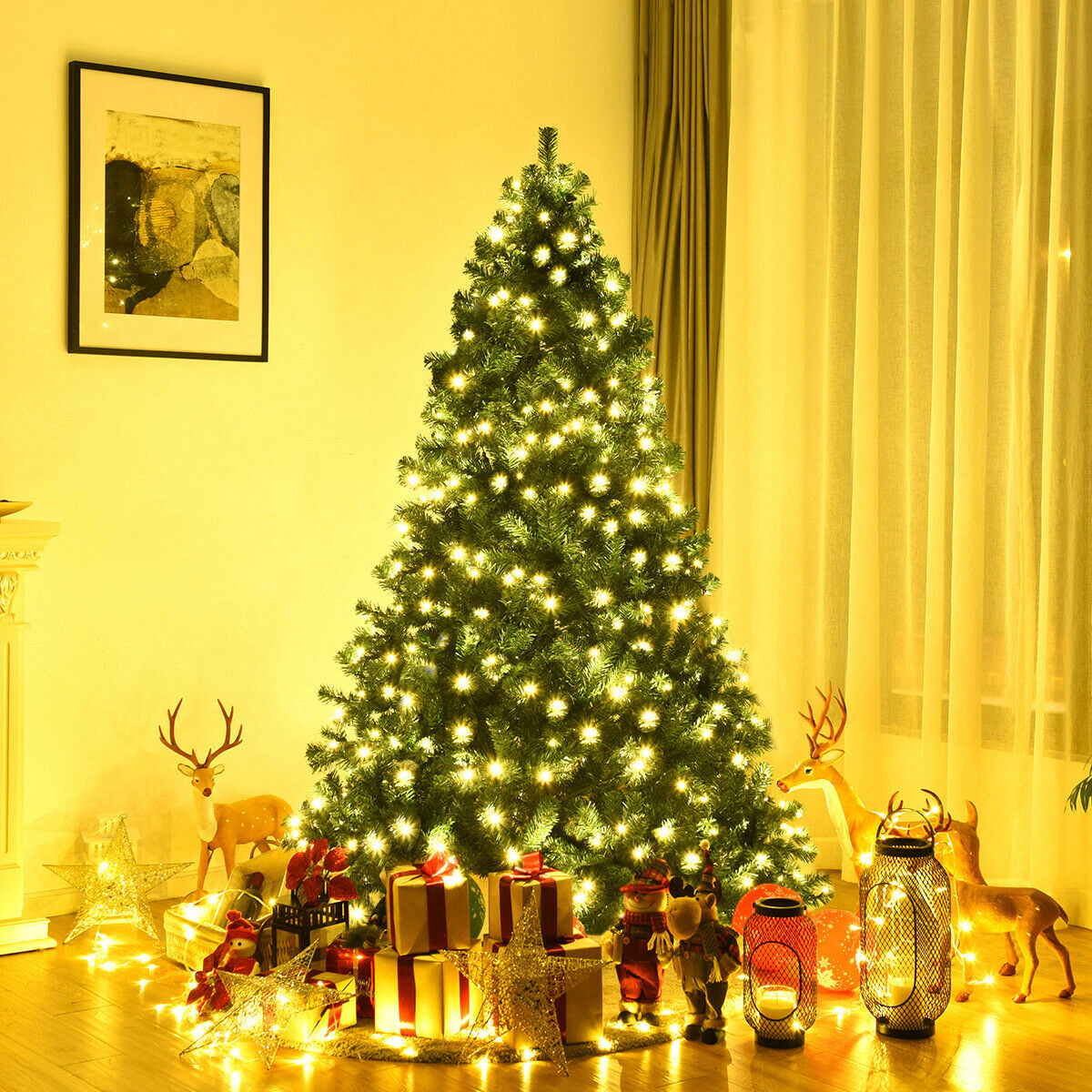SUGIFT 7-ft Green Pre-Lit Artificial Christmas Tree with 300 Warm White LED Bulbs 1096 Tips and Iron Stand