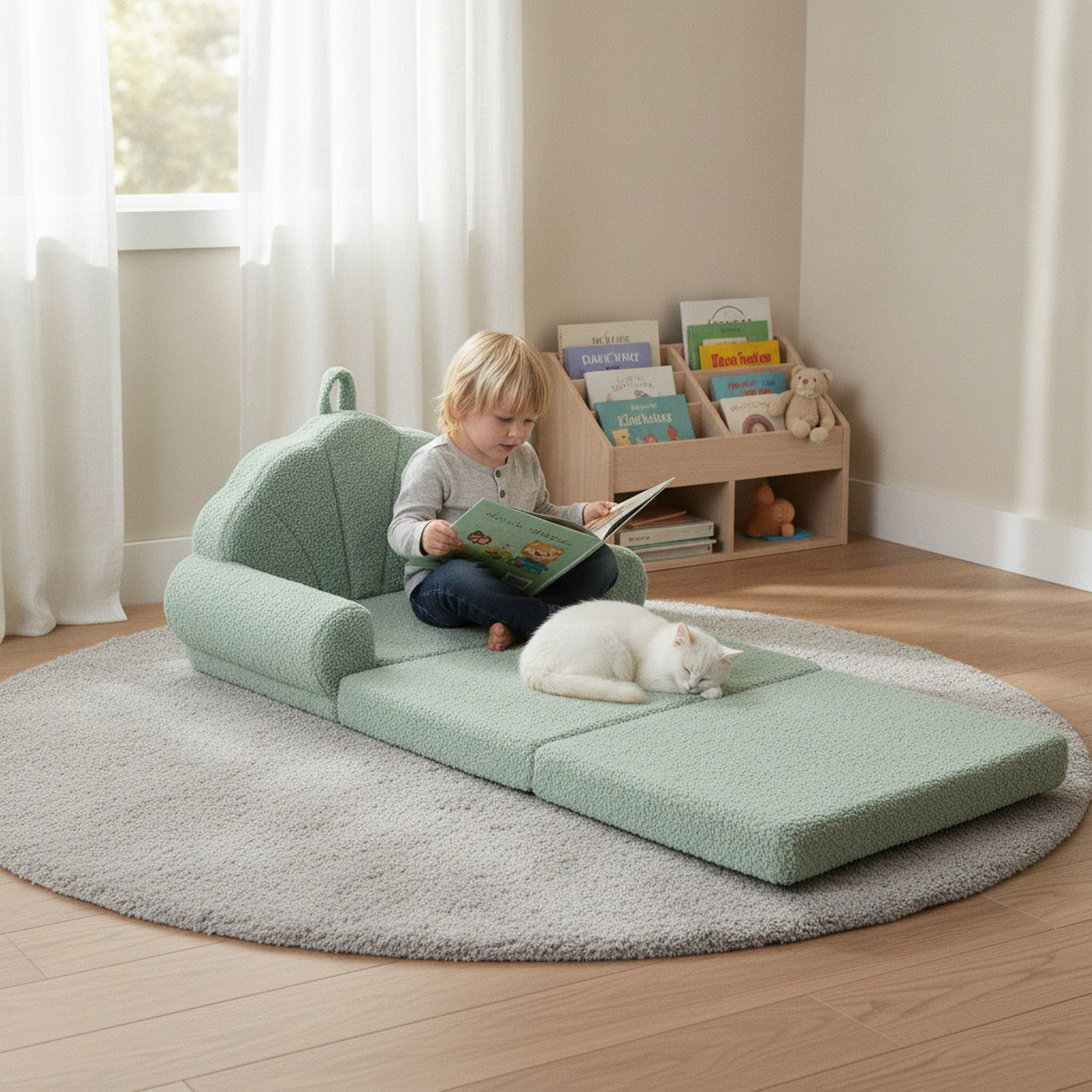 Convertible Kids Sofa 2-in-1 Fold Out Toddler Couch with Carry Handle Teddy Fleece Cover Anti-Slip Base Green