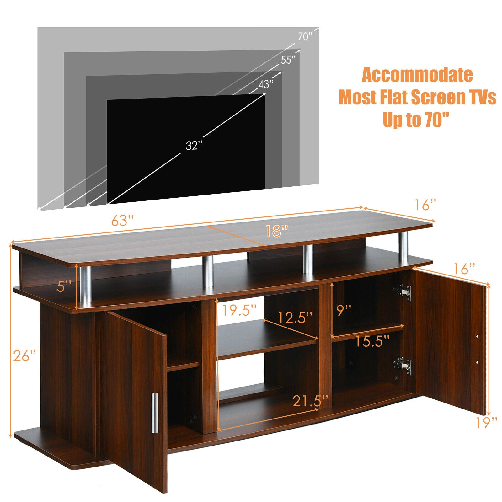 Hivvago 63 Inch Tv Entertainment Console Center With 2 Cabinets