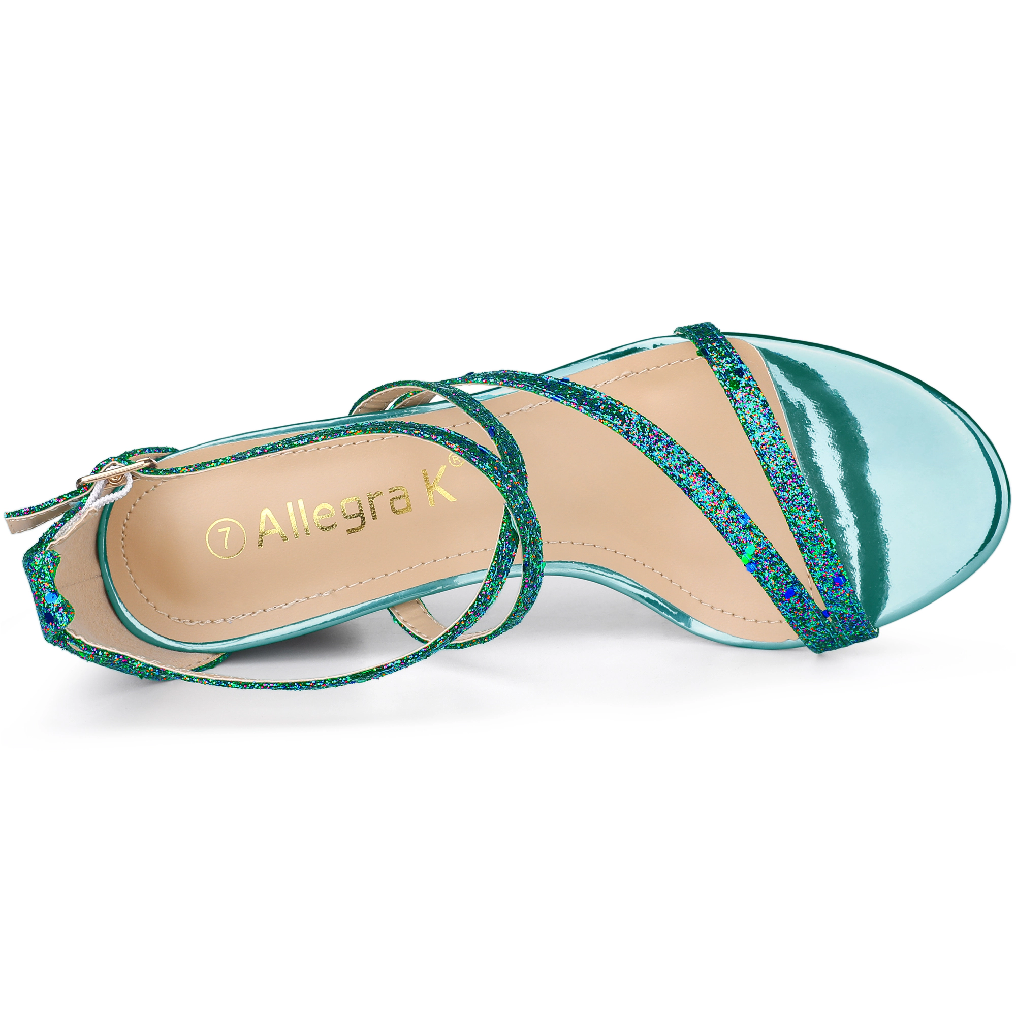 BLISSFUL STEP Women's Glitter PU Crisscross Strap Open Toe Chunky Heels Sandals