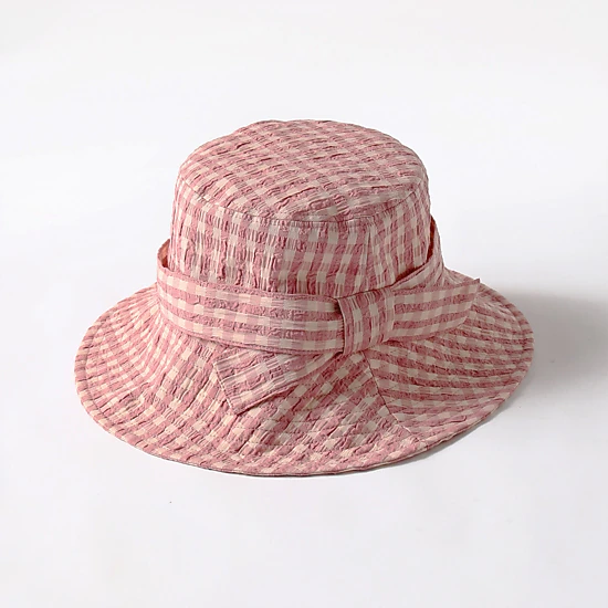 Anna-Kaci Women's Gingham Wide - Brim Sun Hat with Bow Chin Strap