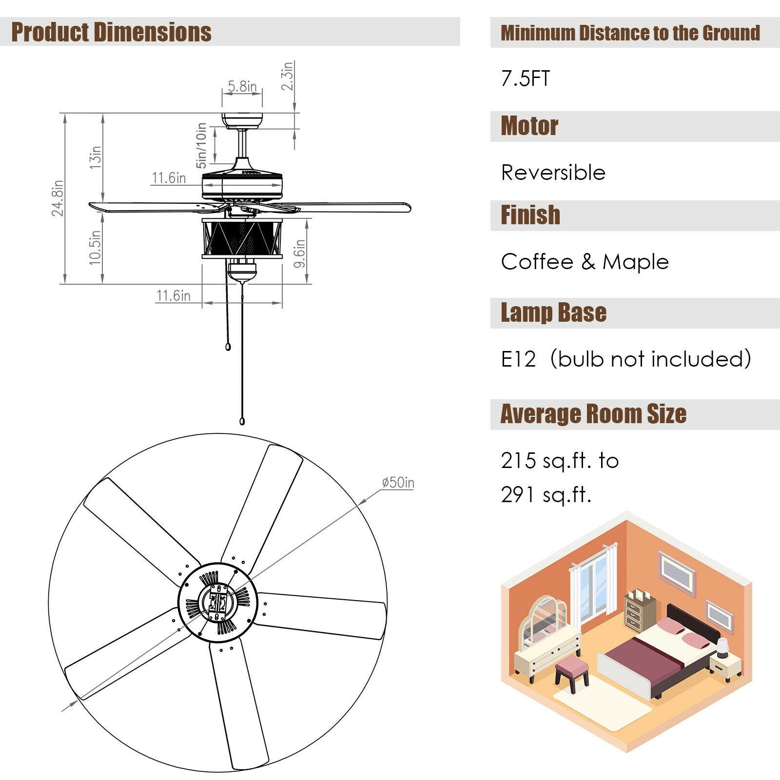 SUGIFT 50-Inch 5-Blade Ceiling Fan with Light, 3-Speed Pull Chains, Reversible Motor, Black