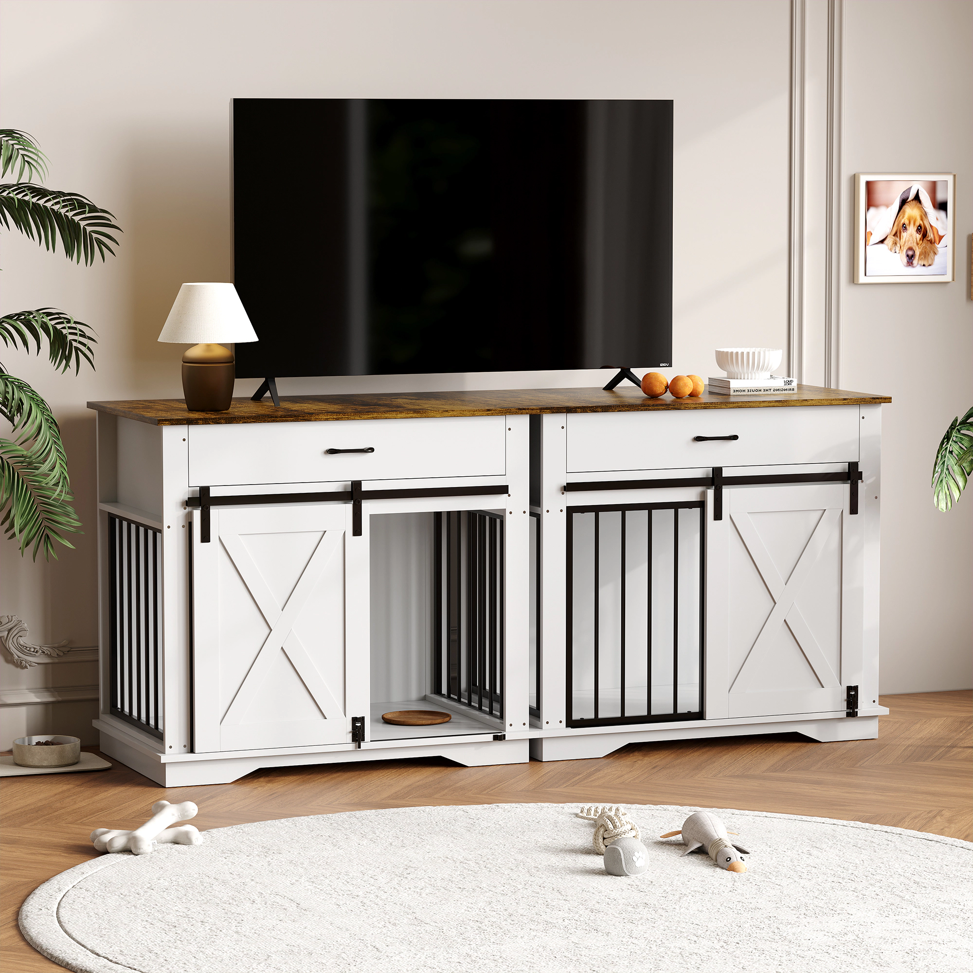 38" Farmhouse Style Dog Crate Furniture with Sliding Barn Door, Storage Drawer & Pet Cage Side Table