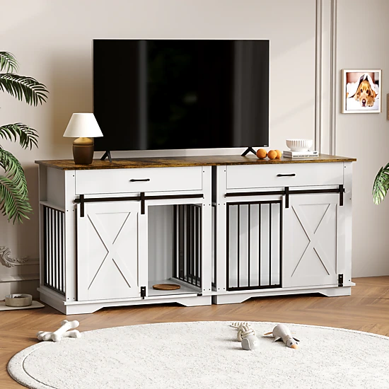 38" Farmhouse Style Dog Crate Furniture with Sliding Barn Door, Storage Drawer & Pet Cage Side Table
