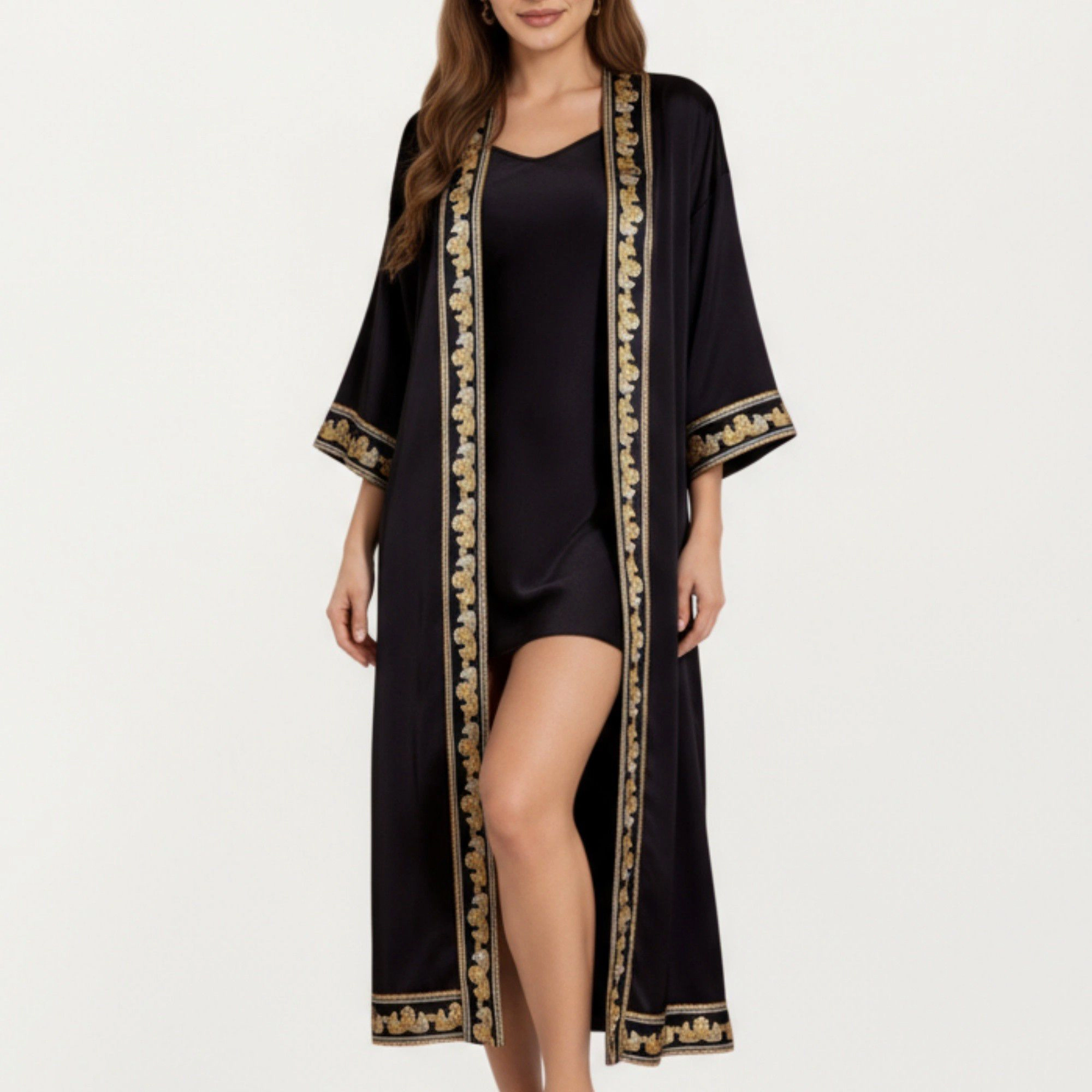 Anna-Kaci Women's Satin Long Robe with Embroidered Trim and Wide Sleeves