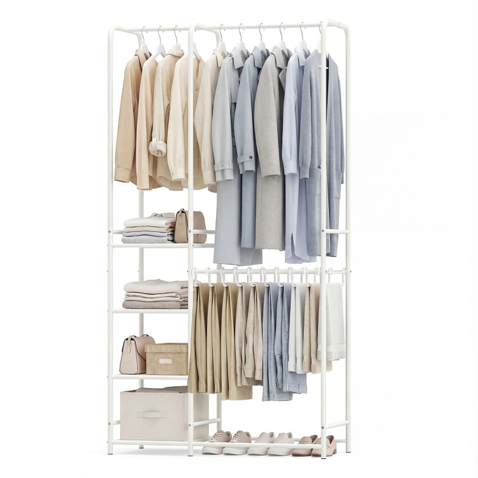 SUGIFT 63-in 120-lb Capacity White Portable Closet with 2 Hanging Rods 4 Storage Shelves and Pants Hangers