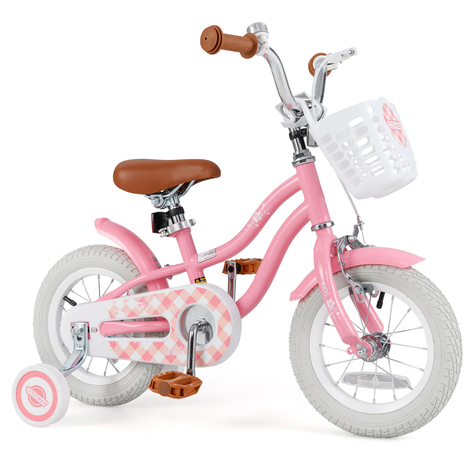 SUGIFT Height-Adjustable 12-Inch Kids Bicycle with Training Wheels and Basket 99-lb Seat Capacity Ages 3-4 Years Peach