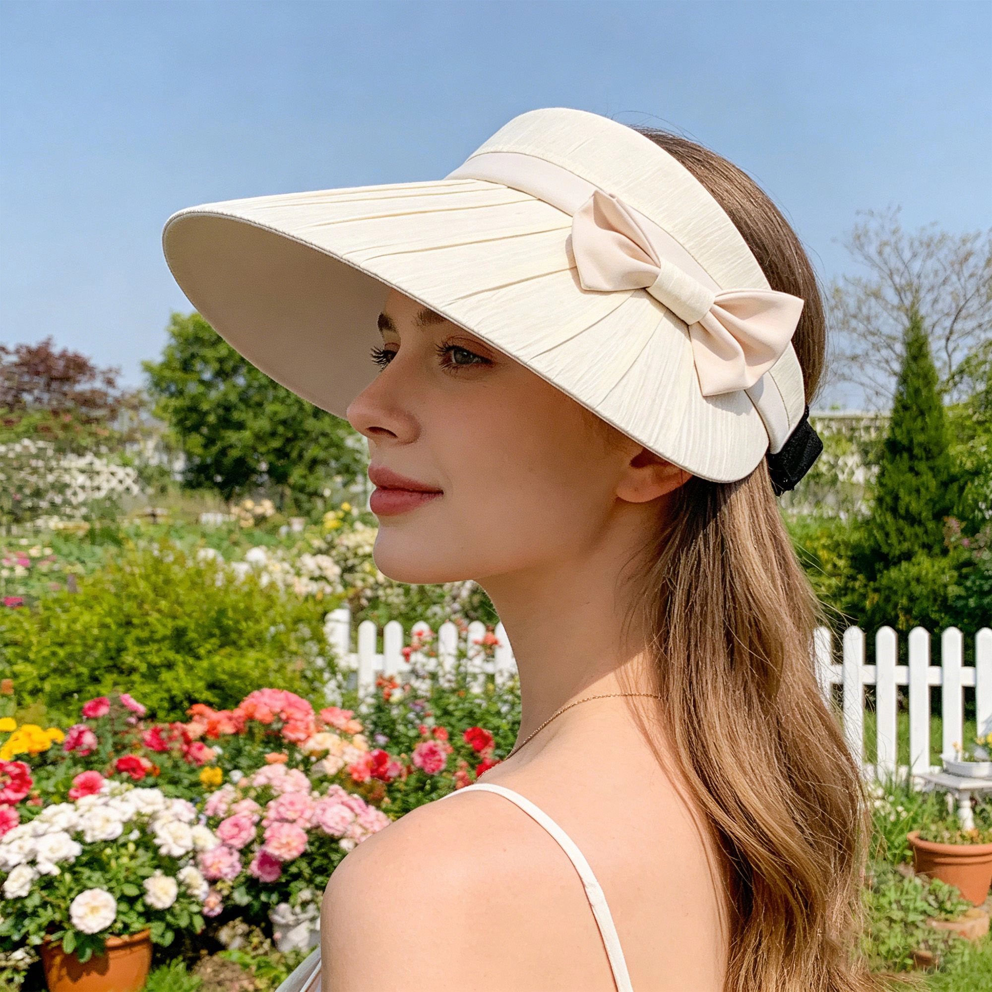 Anna-Kaci Women's Women Wide Brim Visor Hat Pleated Design Adjustable Back Strap Sun with Bow Detail