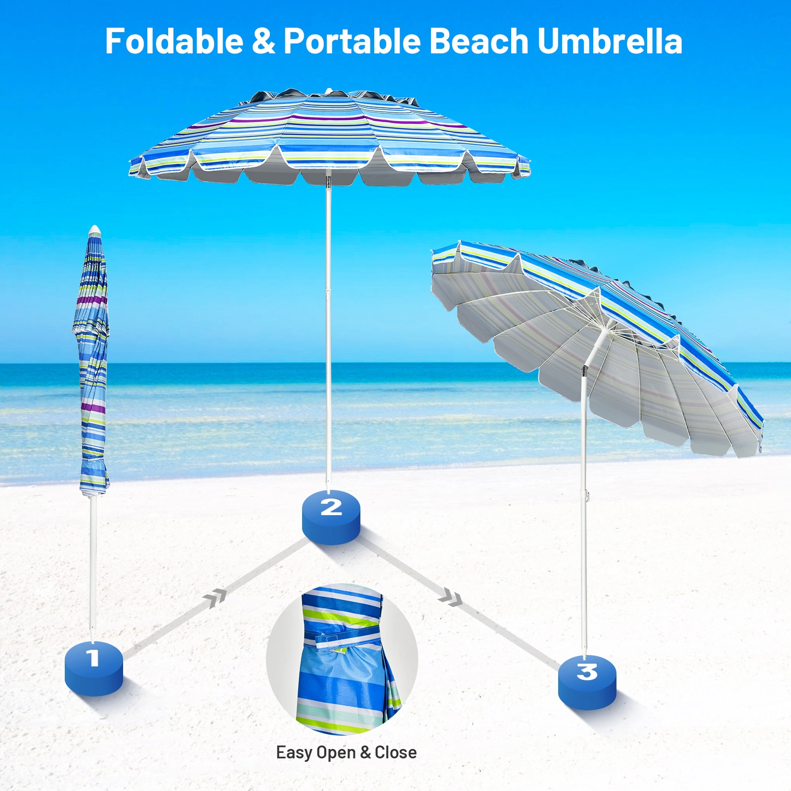 SUGIFT 8ft Portable Beach Umbrella with Sand Anchor and Tilt Mechanism Blue