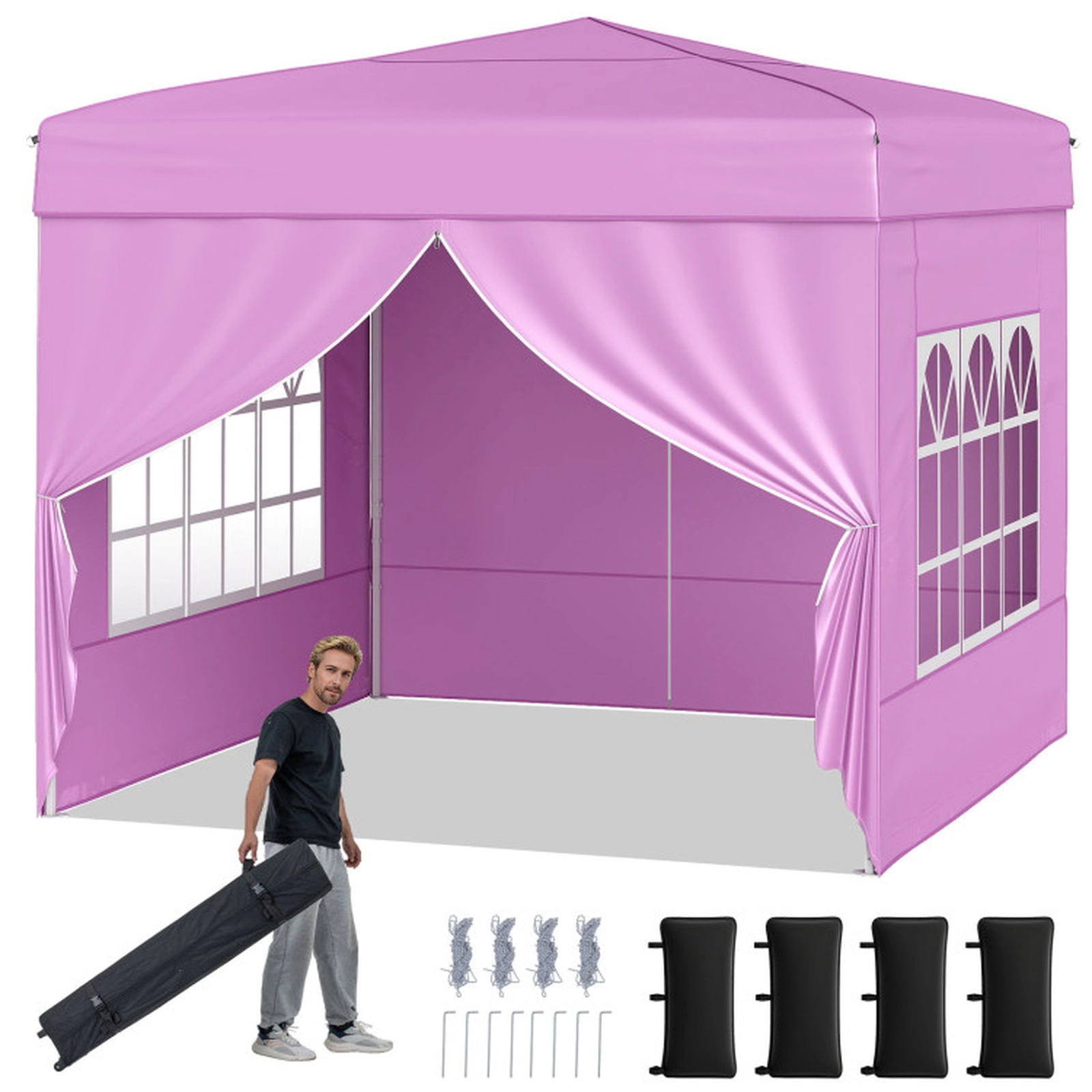 SUGIFT Pop Up 10-ft x 10-ft Canopy Gazebo Tent with 3-Height Adjustable Frame 4 Sidewalls Sandbags Stakes and Bag Pink
