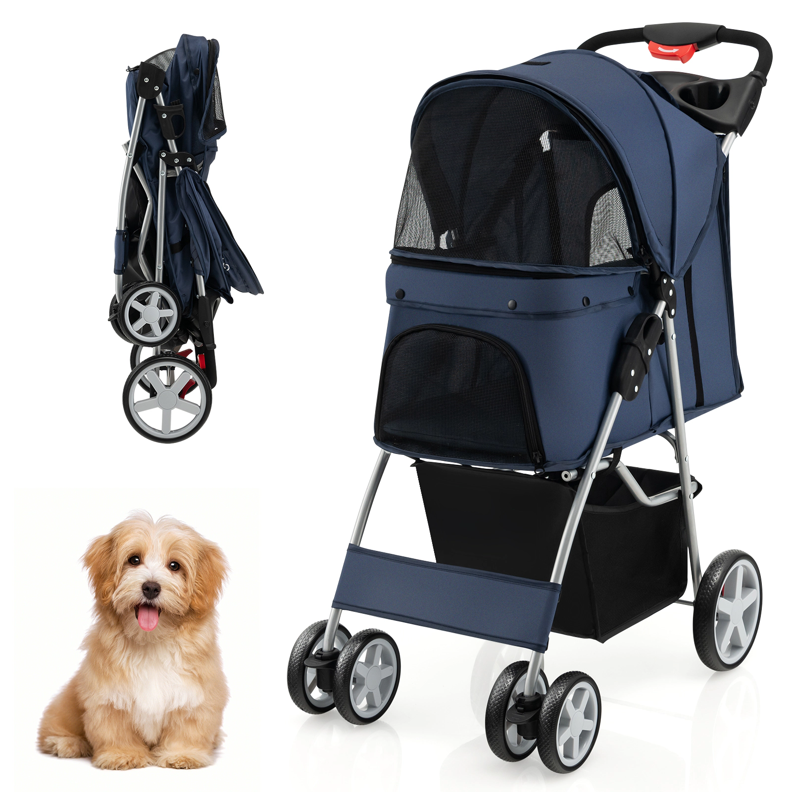 SUGIFT Navy Lightweight Folding Pet Stroller with Storage Basket 34-in W 18-in D 40-in H 33-lb Seat Capacity
