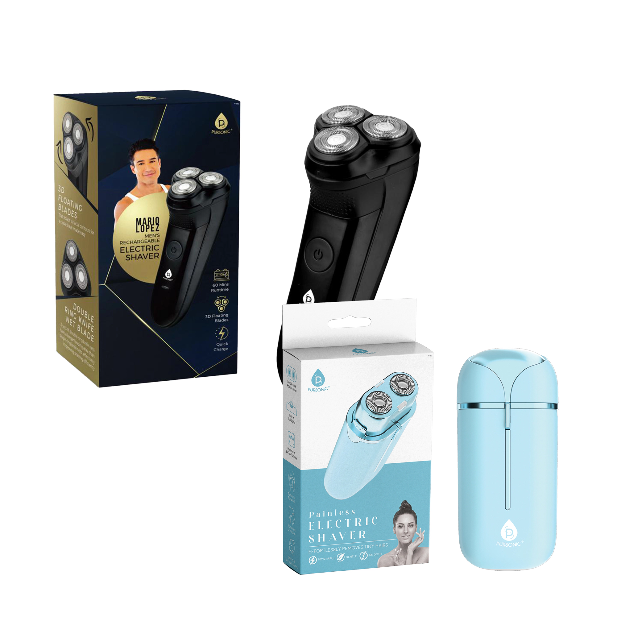 Pursonic Unisex Rechargeable Electric Shaver & Painless Hair Removal Grooming Bundle