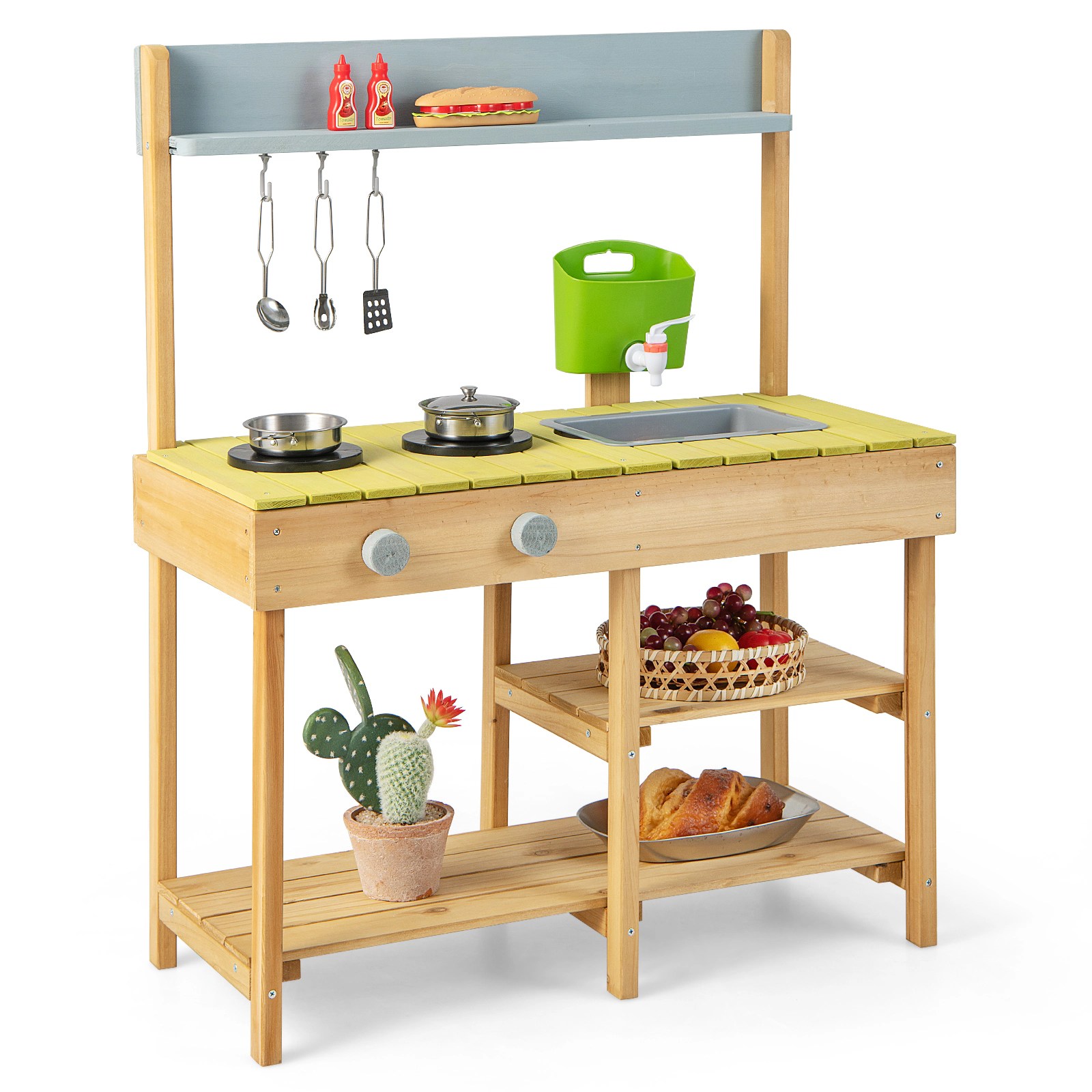 SUGIFT Natural Stove Top and Storage Shelves Backyard Kids Wooden Pretend Play Kitchen