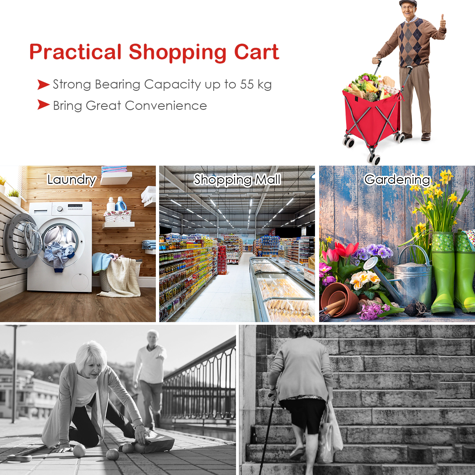 SUGIFT Foldable 24-Gallon Shopping Utility Cart with Water-Resistant Removable Canvas Bag 120-lb Capacity Red