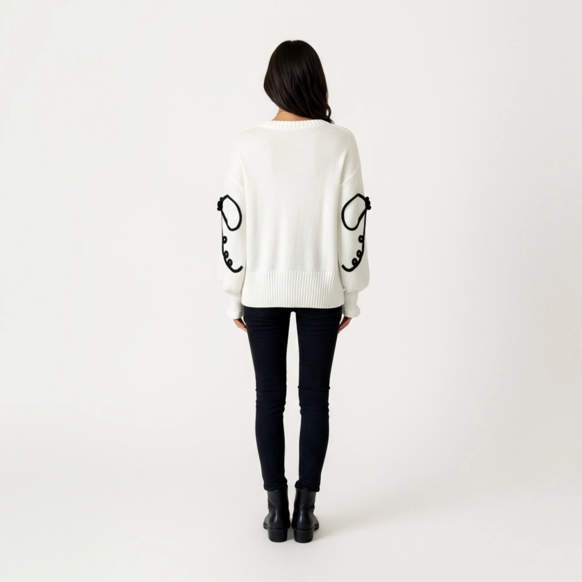 Anna-Kaci Women's Oversized Bow Embroidery Ribbed Trim Long Sleeve Knit Sweater