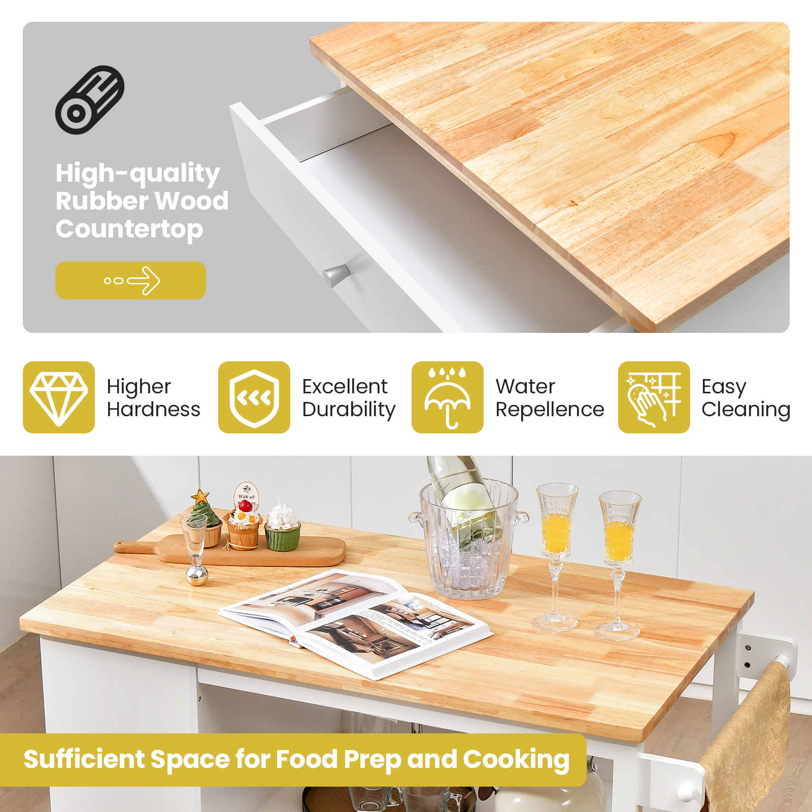 SUGIFT White Kitchen Island Trolley Cart on Wheels with 3-Position Adjustable Shelf and Slide-Out Drawer