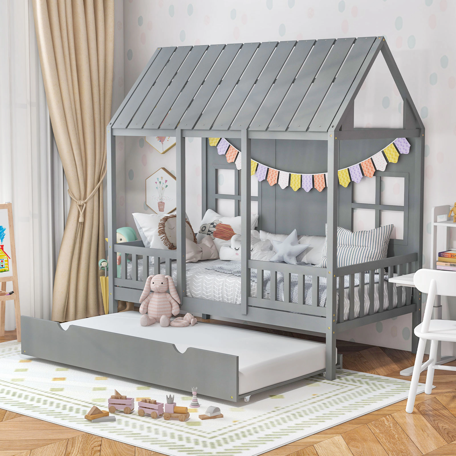 SUGIFT Gray Trundle 82-in Roof and Window Cutouts Twin Kids House Bed Frame