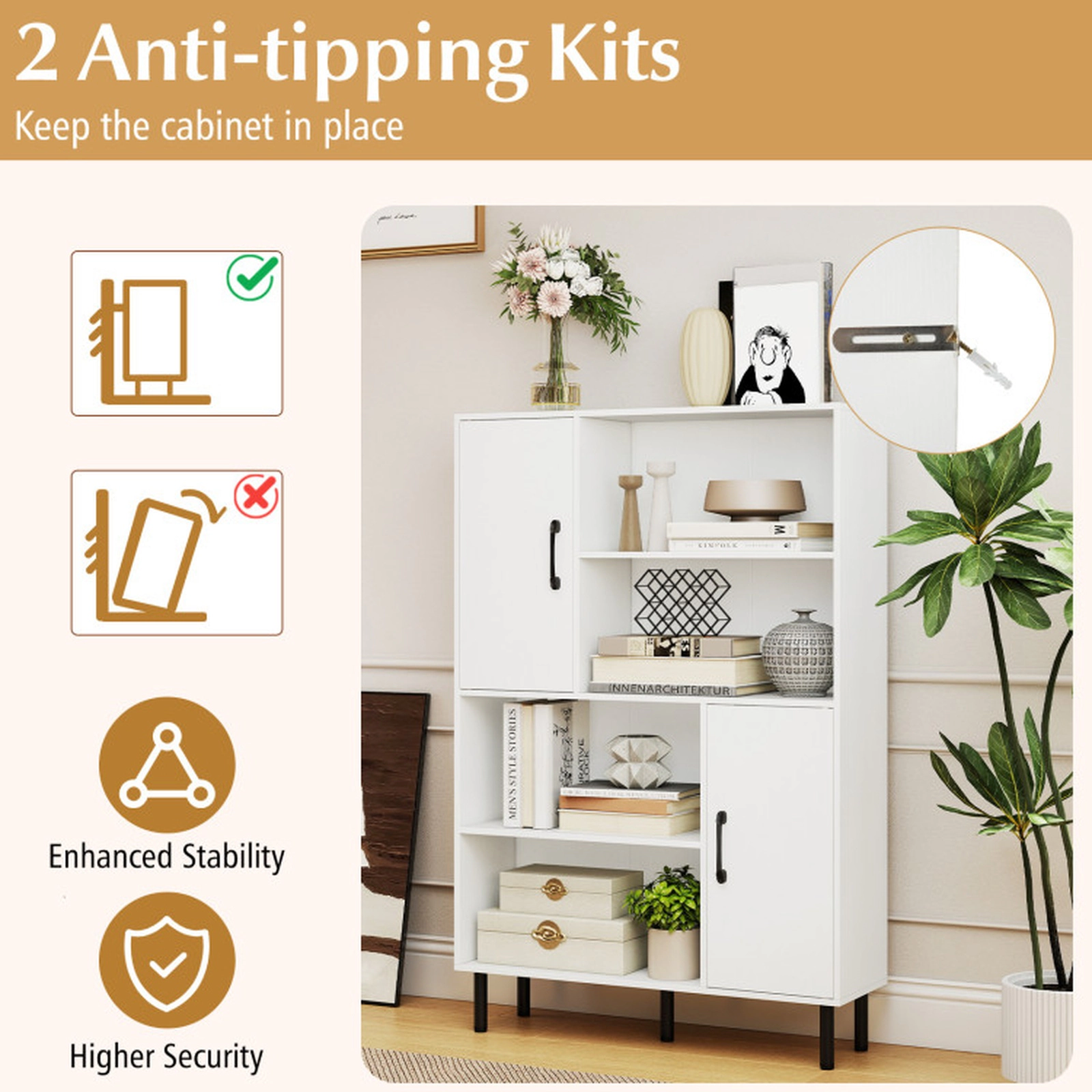 SUGIFT White 47-in Narrow Freestanding Bookshelf with 2 Doors 4 Open Shelves and Metal Legs for Study
