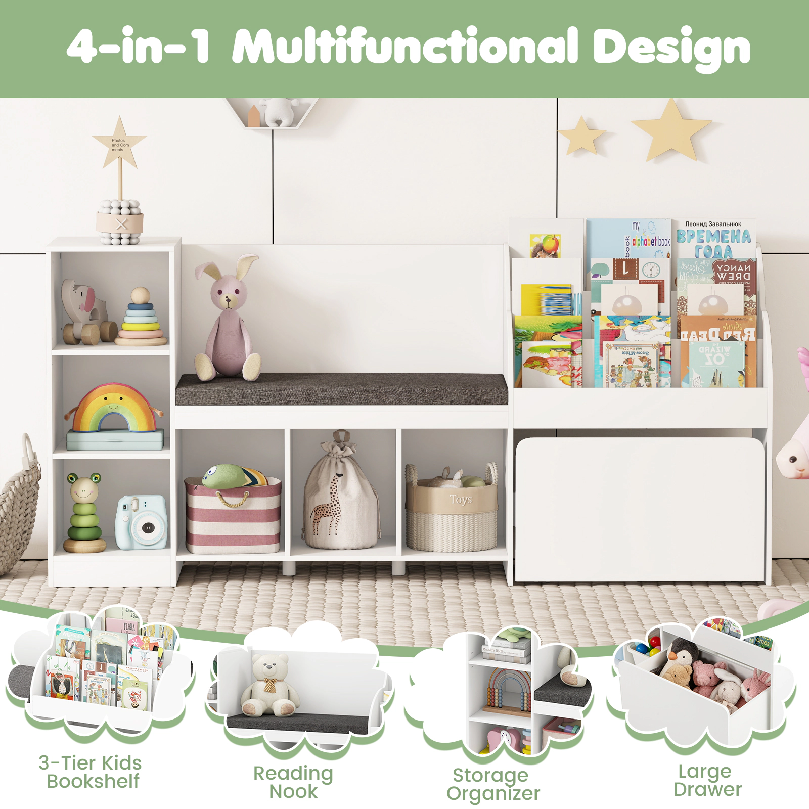 SUGIFT Kids 6 Cubbies Movable Drawer Reading Nook Seat 3-Tier Bookcase 67-in x 16-in x 32-in 330-lb Capacity White