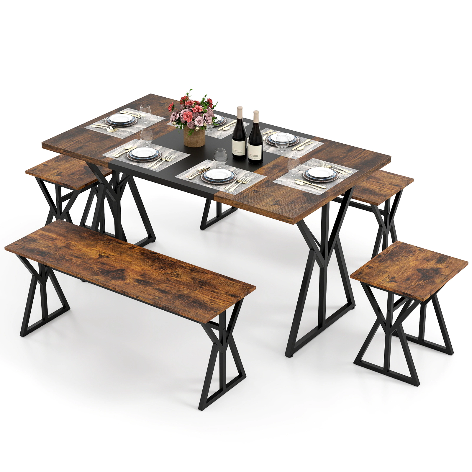 SUGIFT 5-Piece 55-Inch Rustic Brown Dining Set with 2 Benches and 2 Stools