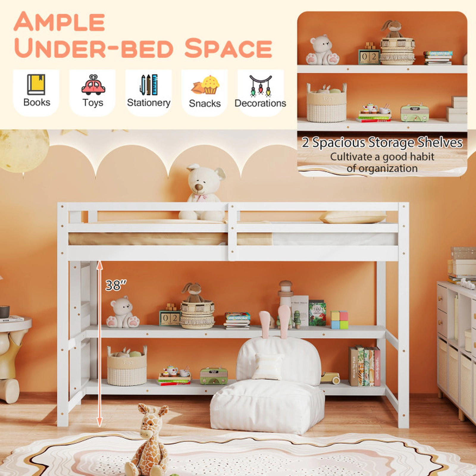 SUGIFT White 2 Storage Shelves Full-Length Guardrails and Ladder Twin Kids Loft Bed