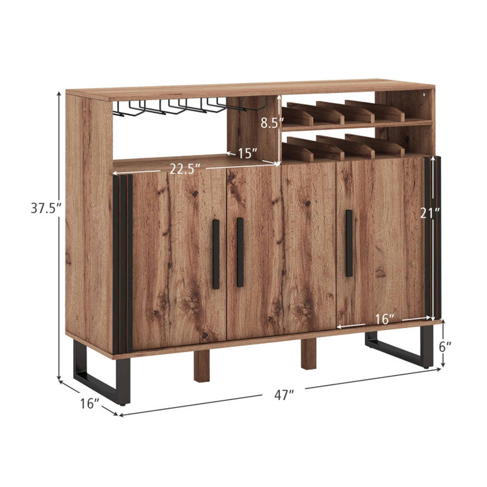 SUGIFT 3-Door 2-Tier Wine Rack 4-Row Glass Holder Home Bar Cabinet 47-in x 16-in x 37.5-in 110-lb Capacity Brown