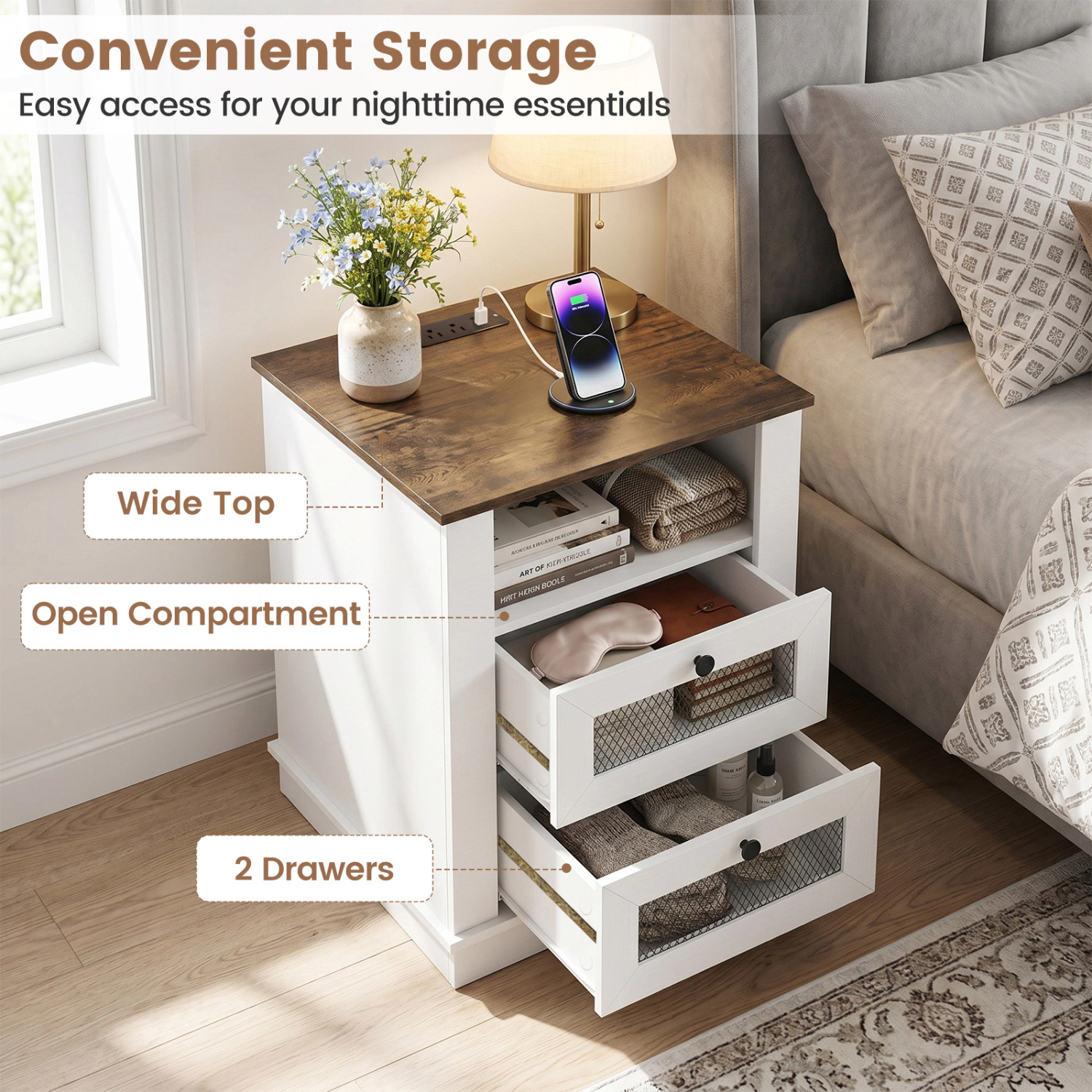 Hivvago Nightstand with Charging Station and 2 Drawers Storage Compartment for Bedroom