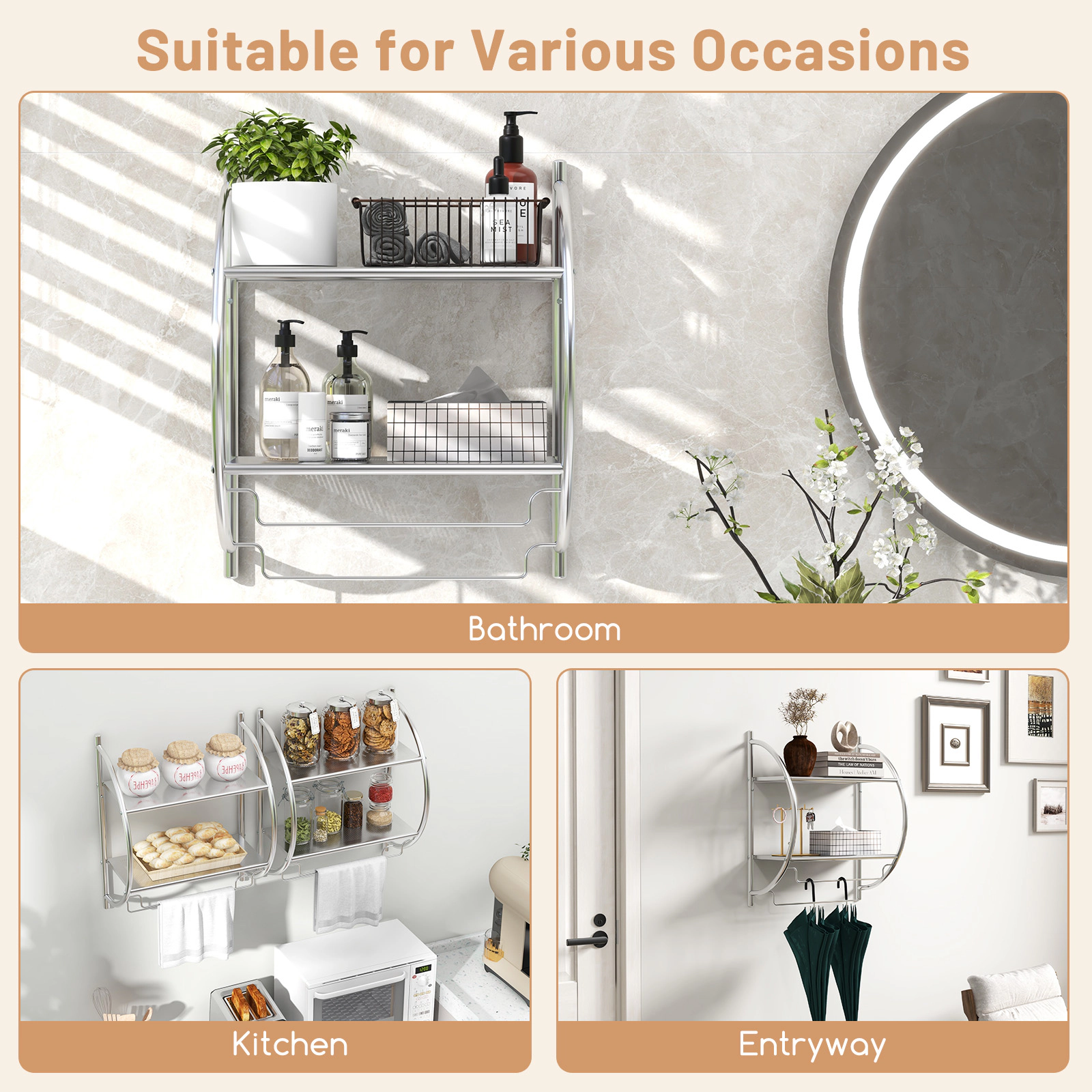 SUGIFT Wall Mounted 2-Tier Bathroom Towel Rack 2 Mesh Shelves 2 Towel Bars Rustproof Metal 18 x 10 x 22-in Silver