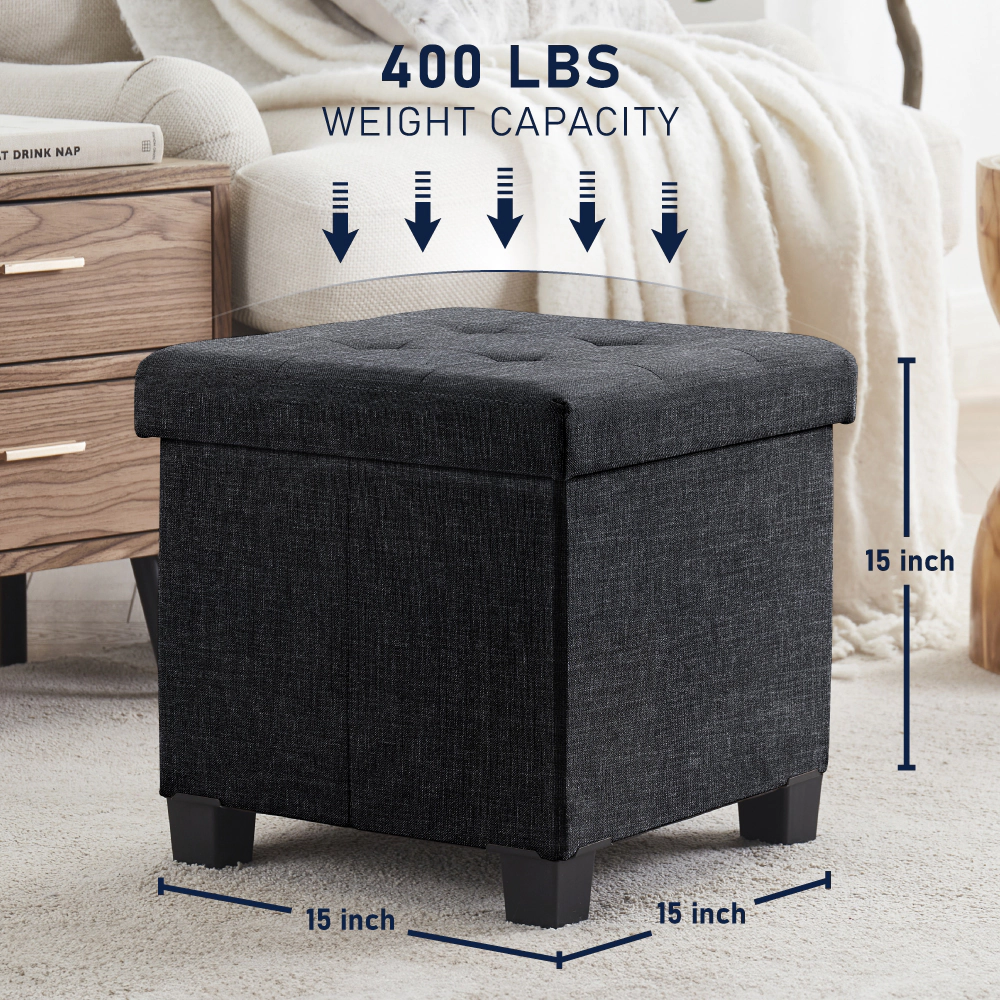 Ornavo Home Collapsible Tufted 15 Inch Square Linen Storage Ottoman with Legs