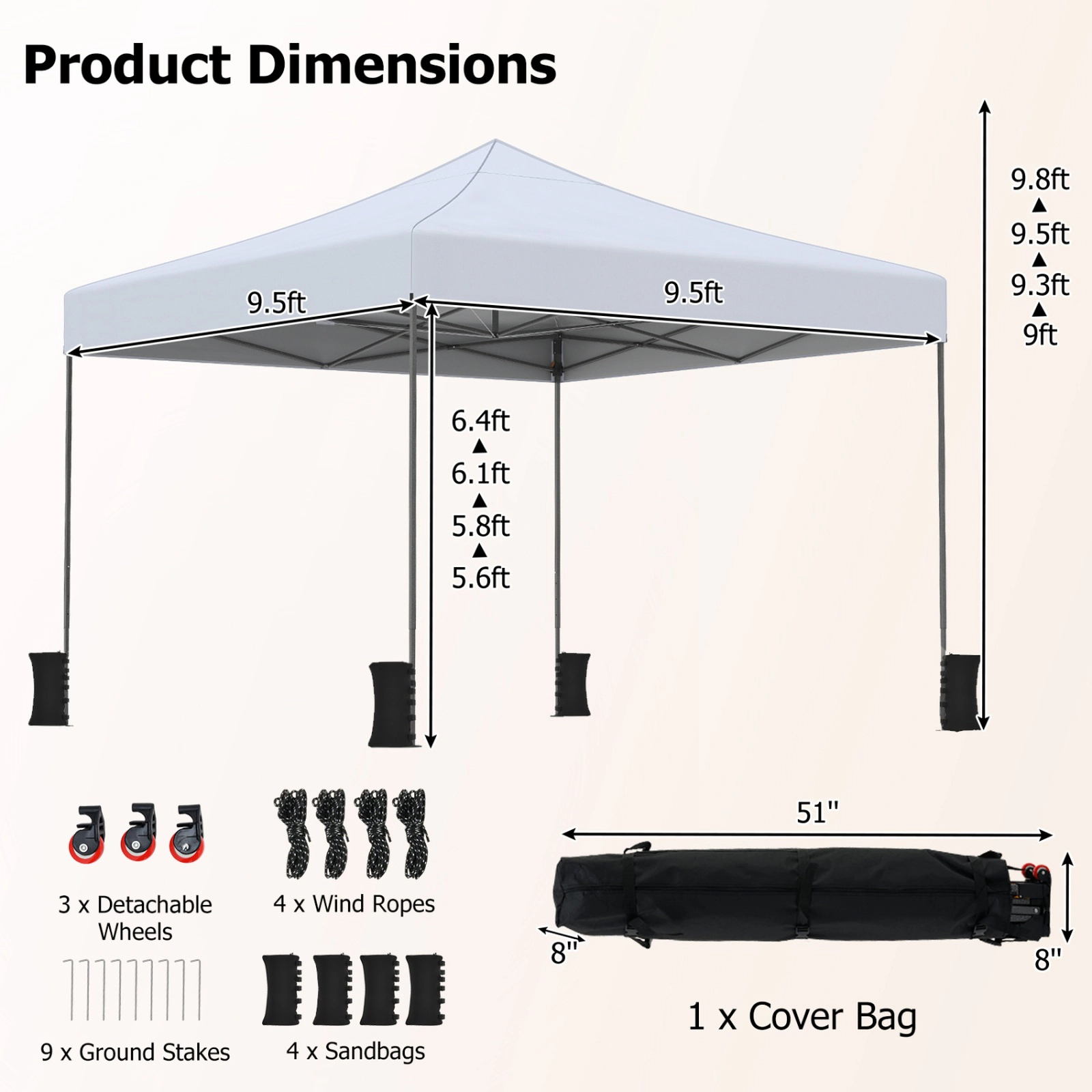 SUGIFT White Pop Up Canopy Tent with Wheeled Cover Bag and 4 Sandbags 9.5-ft W 9.5-ft D 9-ft H 5.6-ft Rim Height